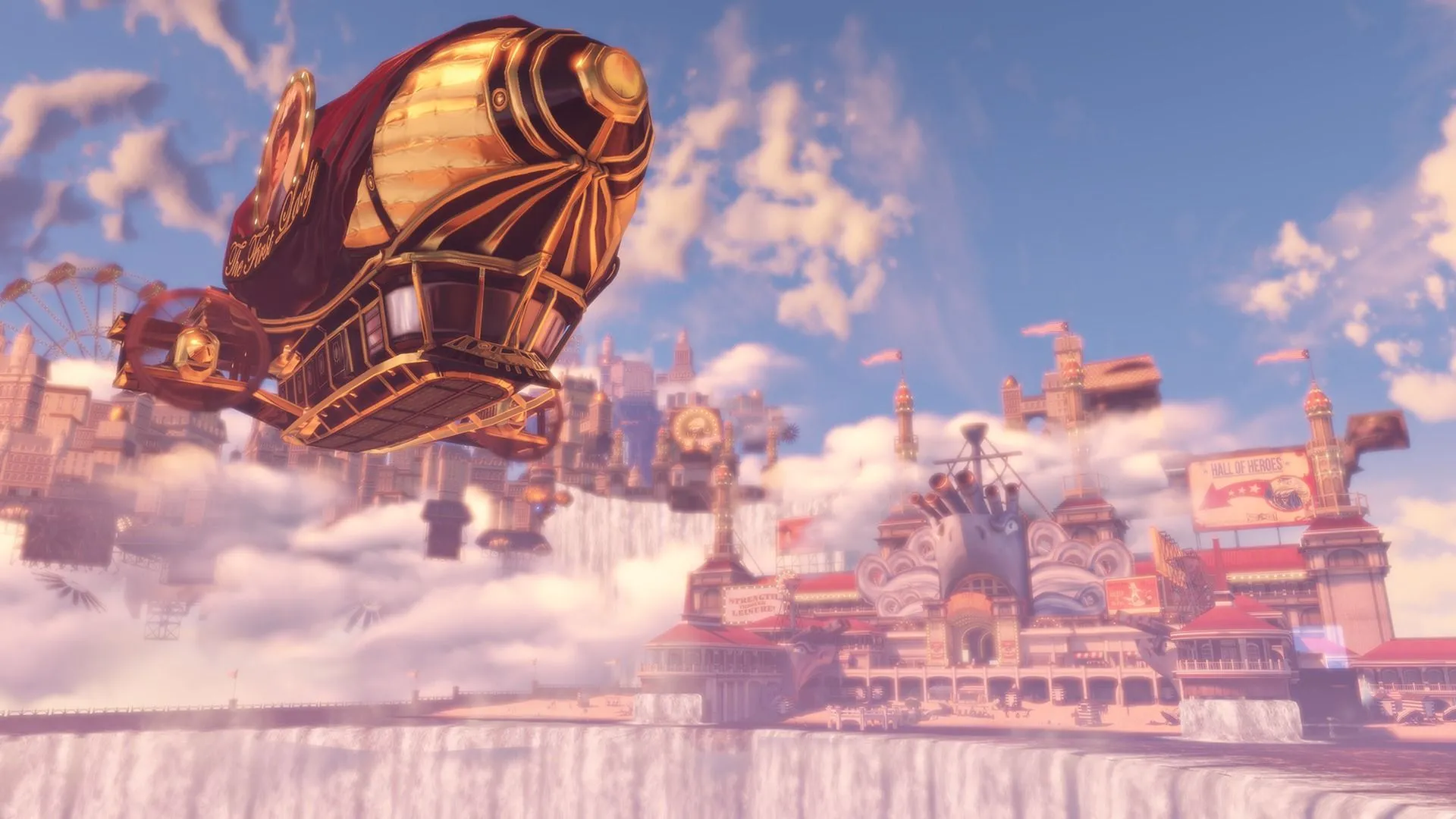 Phi thuyền của Booker DeWitt tiếp cận thành phố bay Columbia trong Bioshock Infinite