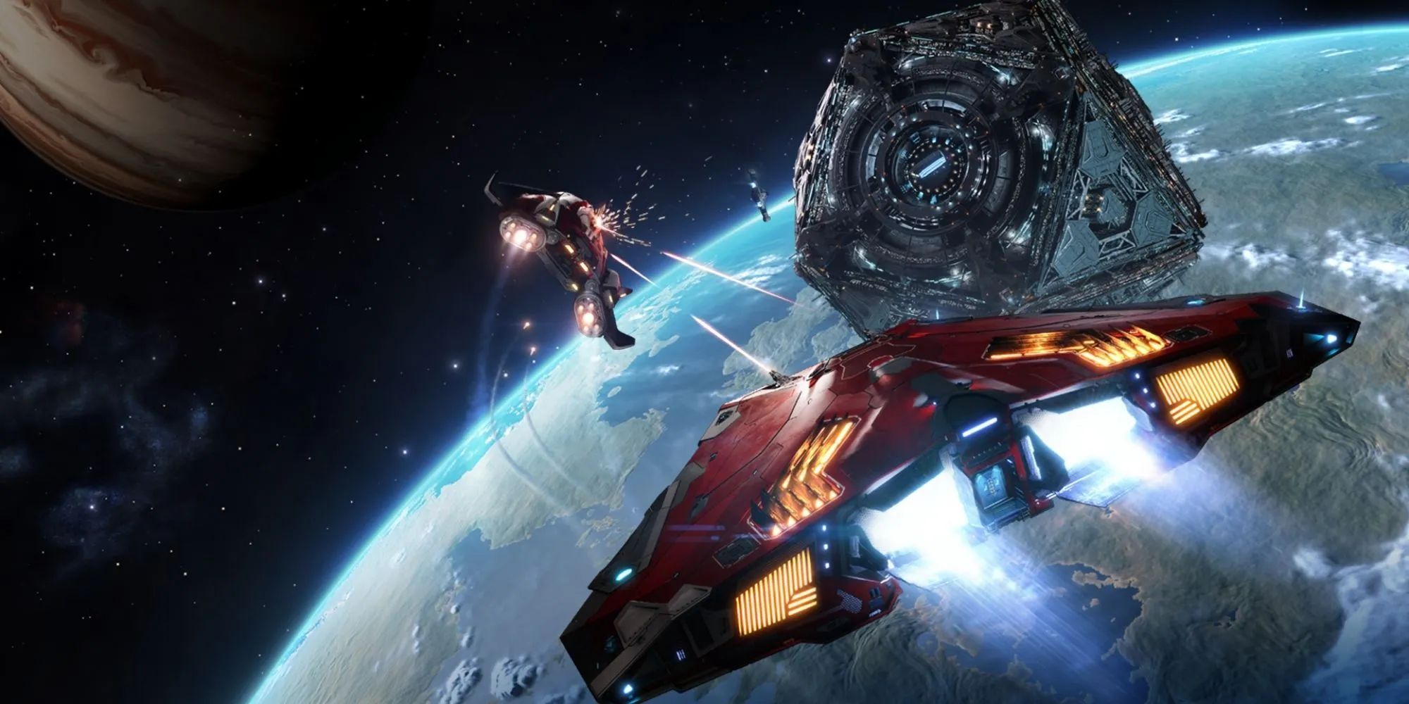 Phi thuyền trong Elite Dangerous bay giữa một vành đai tiểu hành tinh