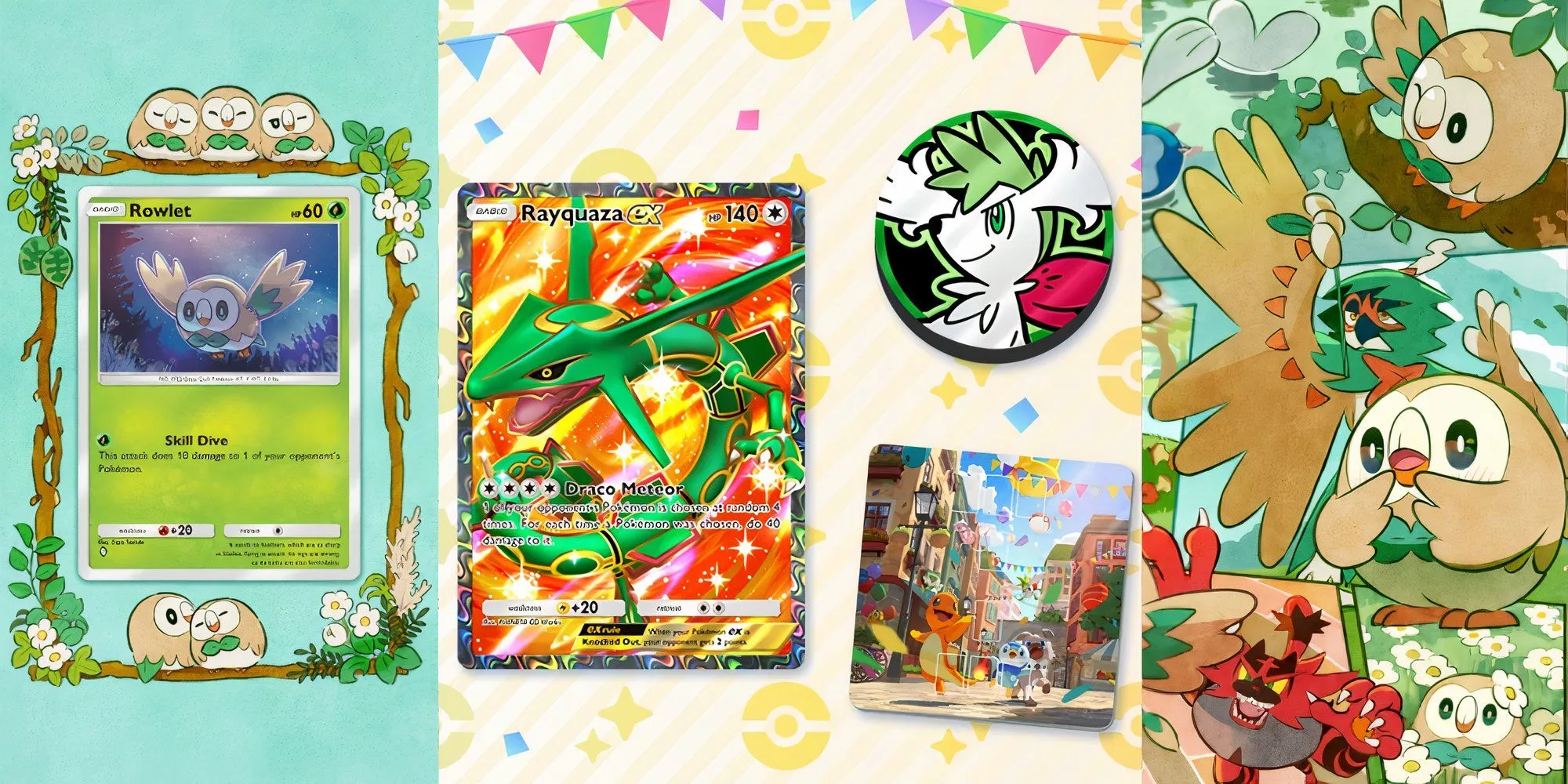 Phiên bản Rayquaza EX Full-Art ấn tượng cùng Pokemon Rowlet trong Pokemon TCG Pocket