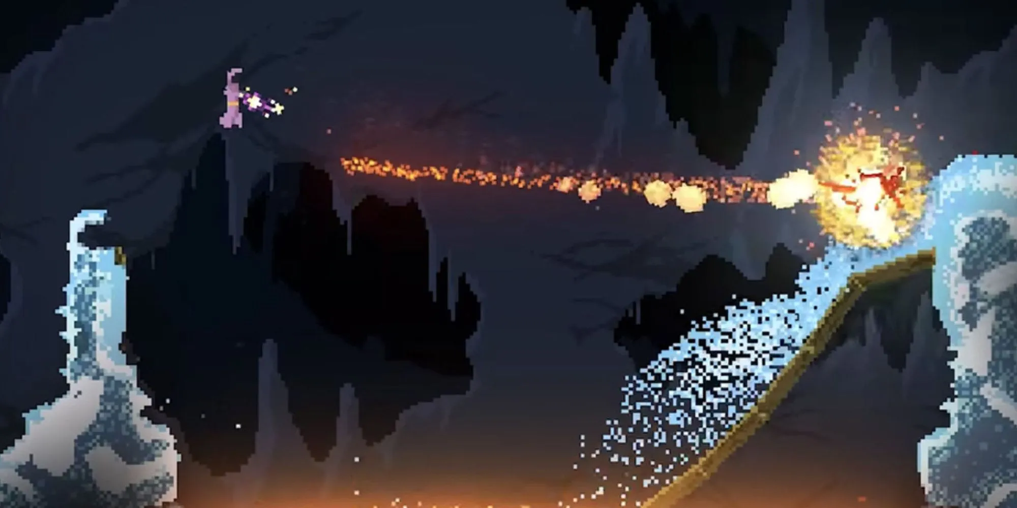 Phù thủy nhỏ bé khám phá thế giới pixel đầy vật lý trong game roguelike Noita