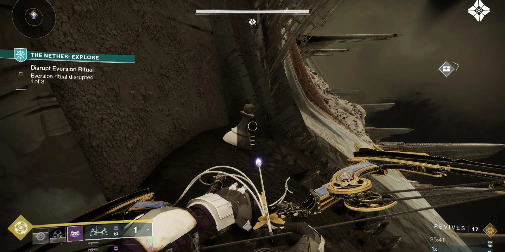 Quân cờ bí ẩn Destiny 2 dưới gờ đá ở cuối khu vực Trenchway, Nether