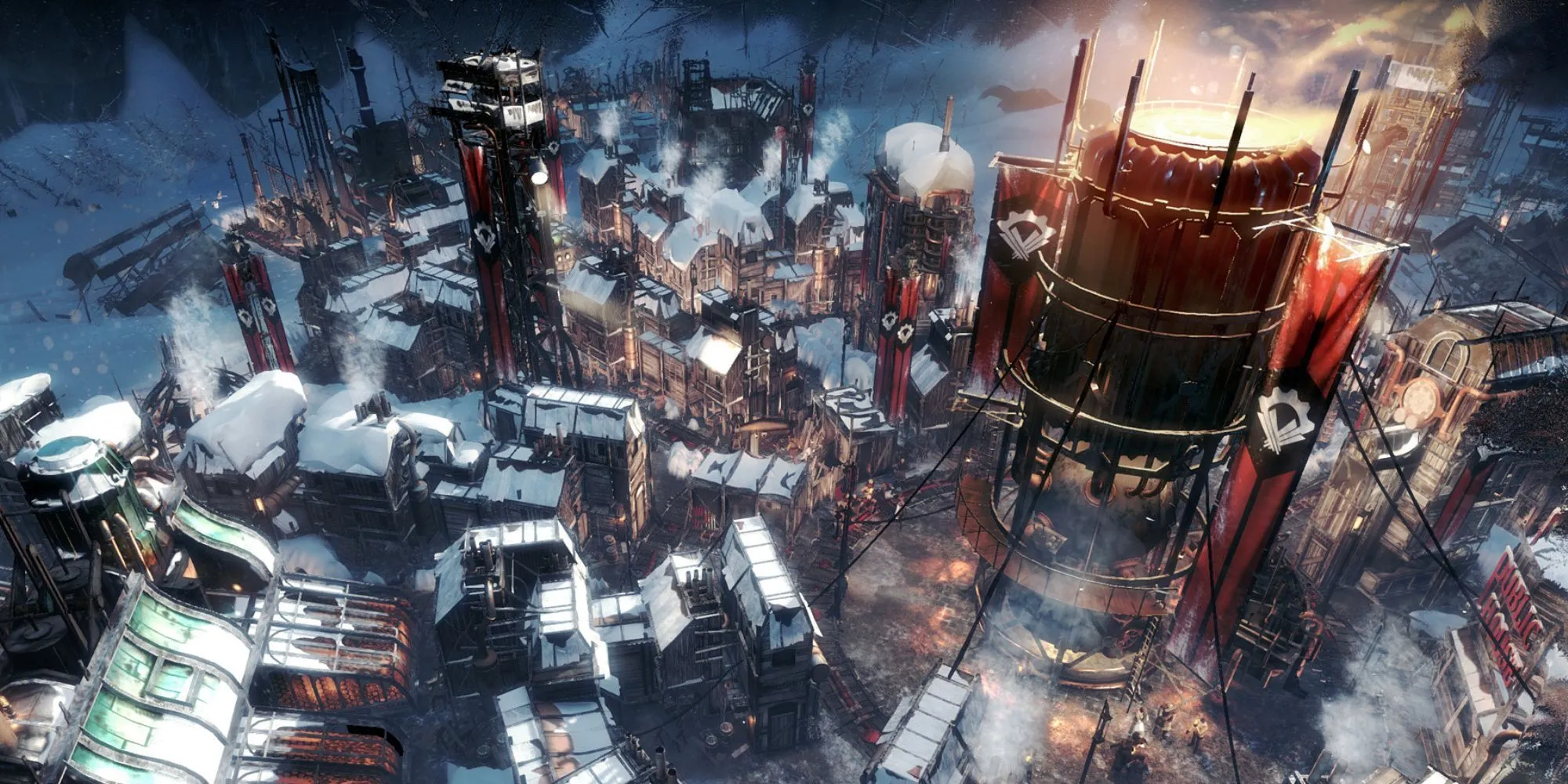 Quang cảnh thành phố trong Frostpunk, với lò hơi trung tâm và các tòa nhà xây quanh, minh họa bối cảnh khắc nghiệt của game.