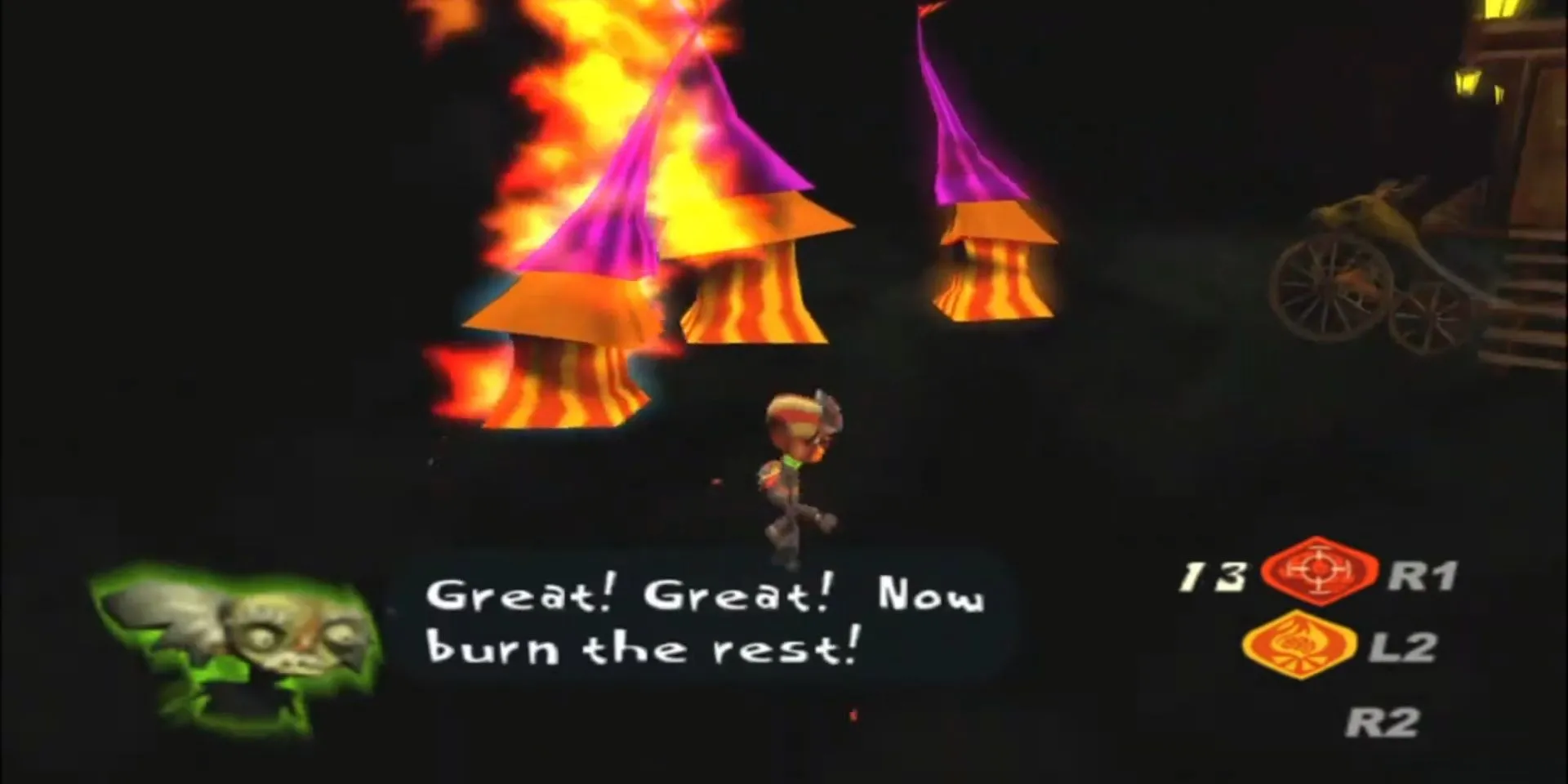 Raz sử dụng năng lực Pyrokinesis để tạo lửa trong game Psychonauts