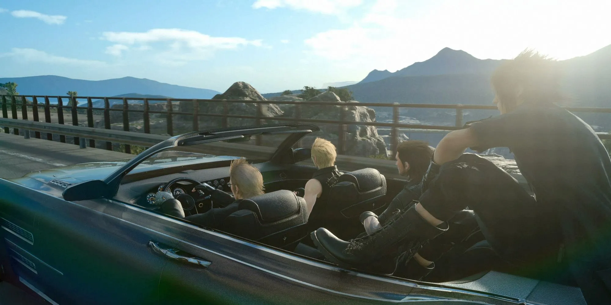 Regalia - Chiếc xe biểu tượng của Final Fantasy XV - Ignis, Gladiolus, Noct, và Prompto ngồi trong Regalia