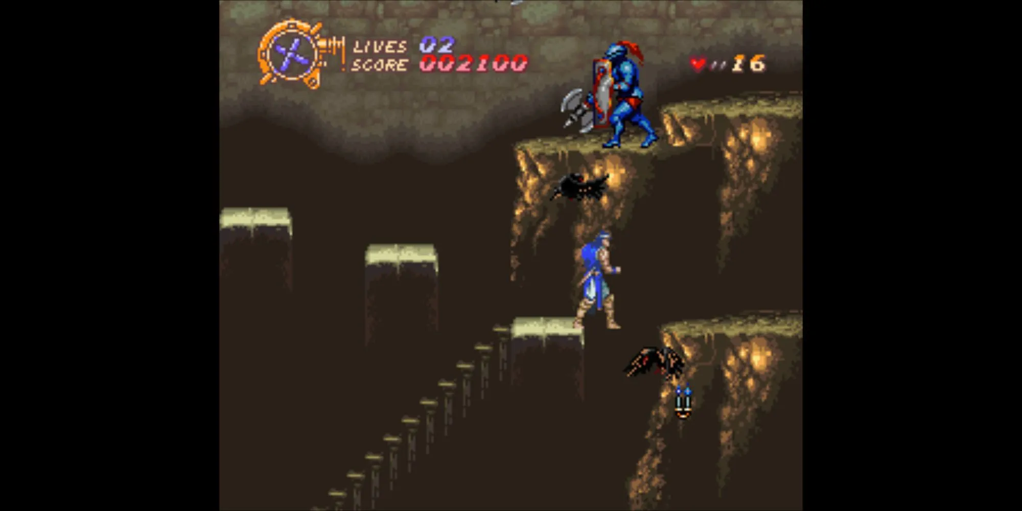 Richter Belmont chiến đấu trong lâu đài Dracula trong game Castlevania: Dracula X trên SNES.