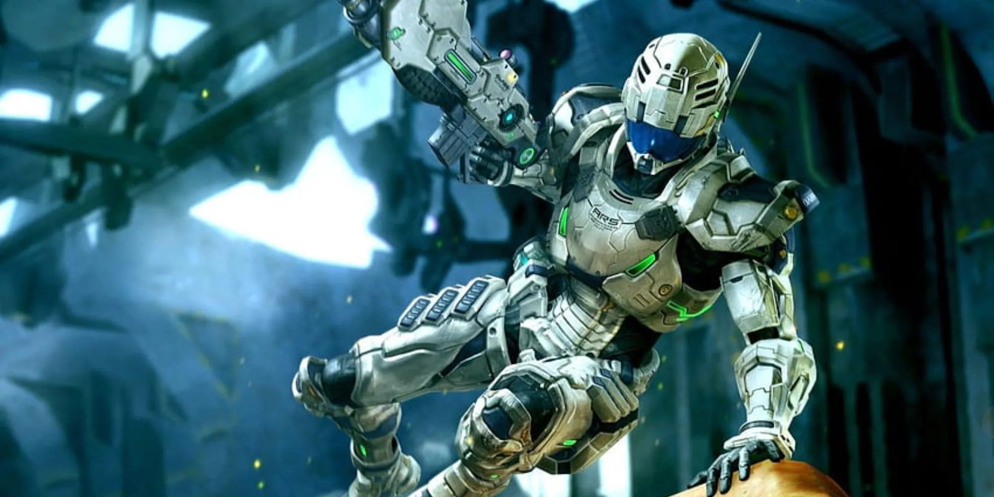 Sam Gideon thực hiện động tác trượt đặc trưng trong bộ giáp ARS của Vanquish, thể hiện gameplay hành động nhịp độ cao