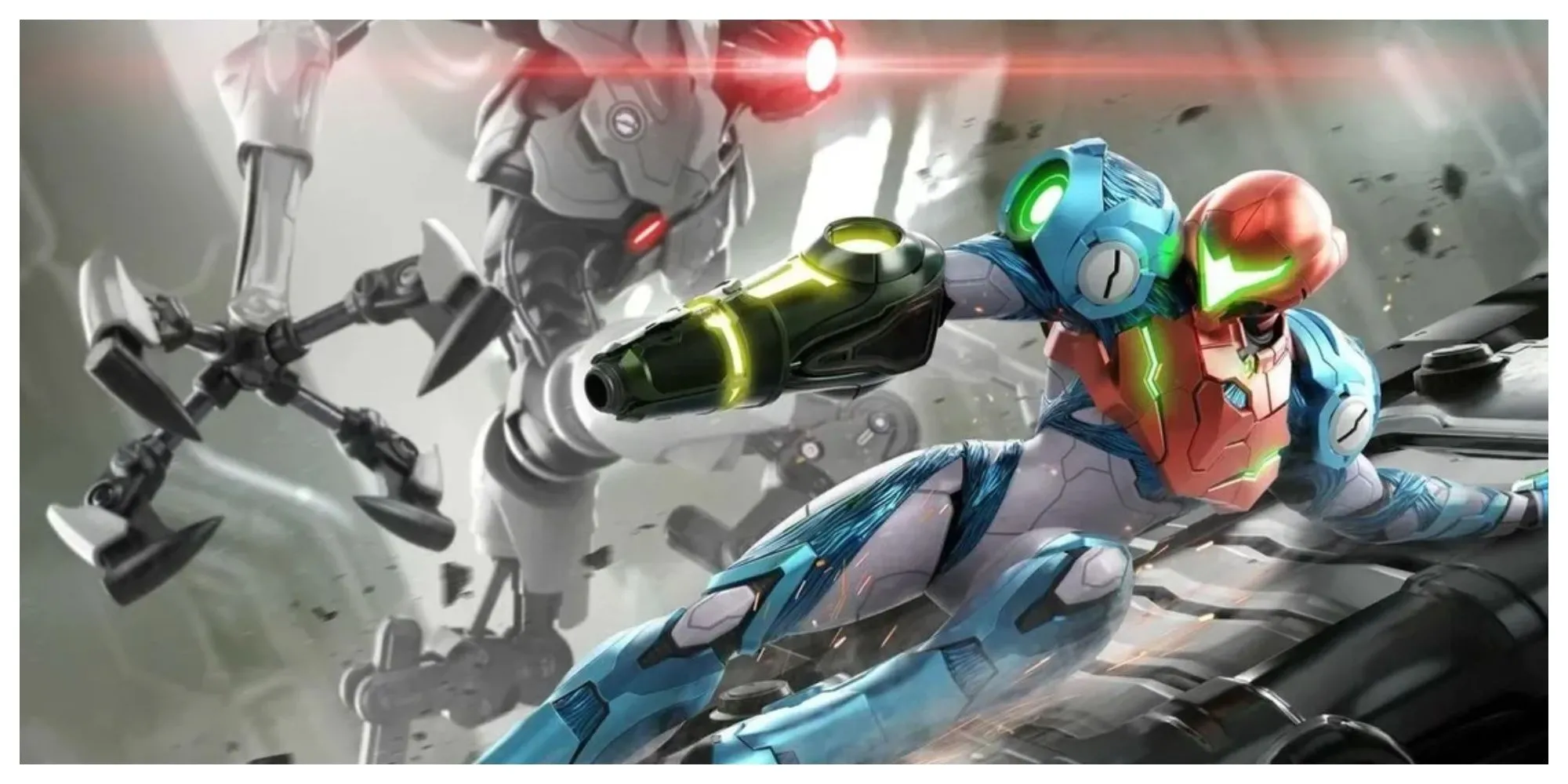 Samus Aran trong Metroid Dread đối mặt với E.M.M.I., một khoảnh khắc căng thẳng với nhạc nền game Metroidvania đặc trưng