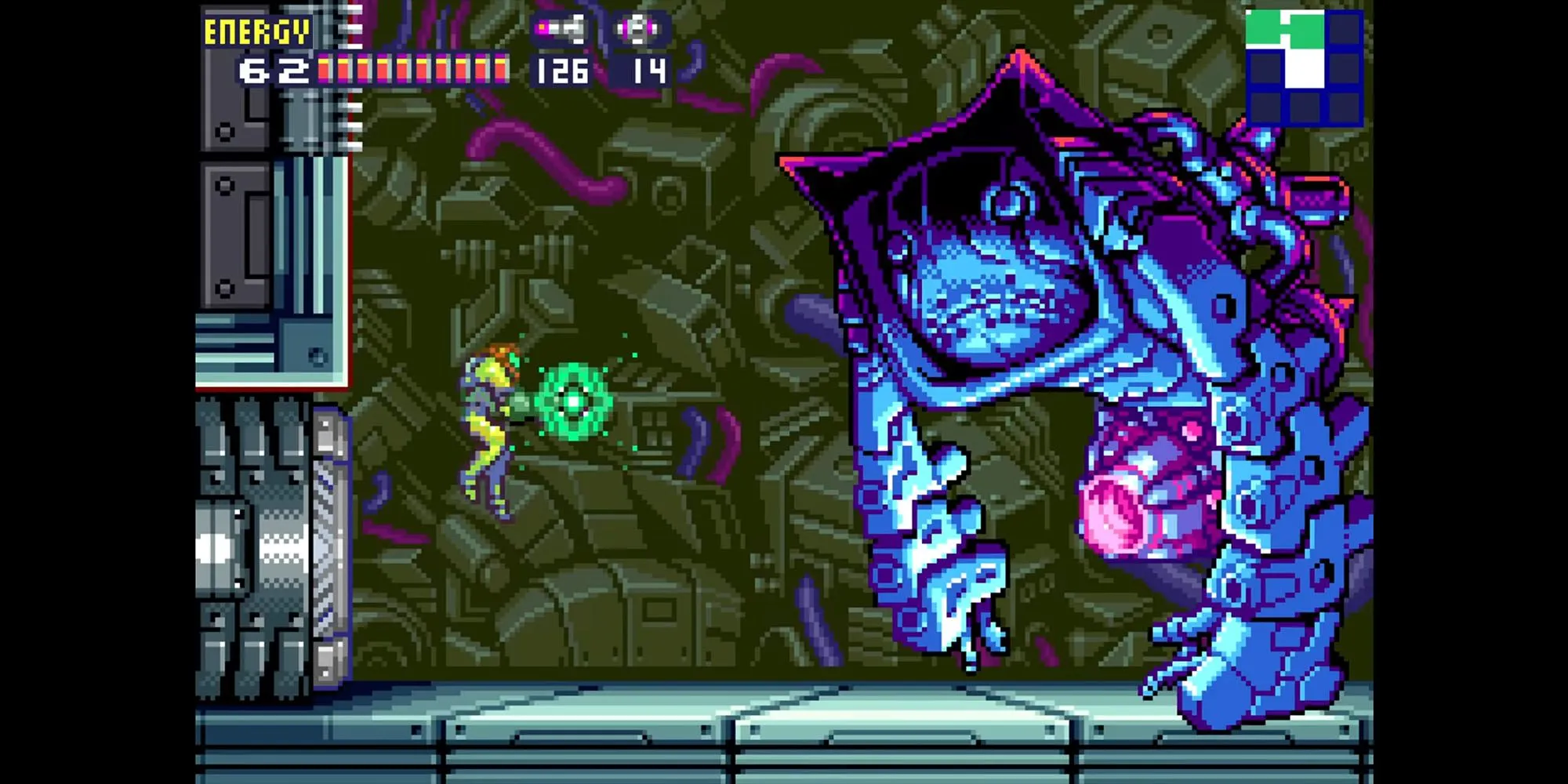 Samus đối mặt với kẻ thù trong khu phức hợp nghiên cứu không gian trong Metroid Fusion