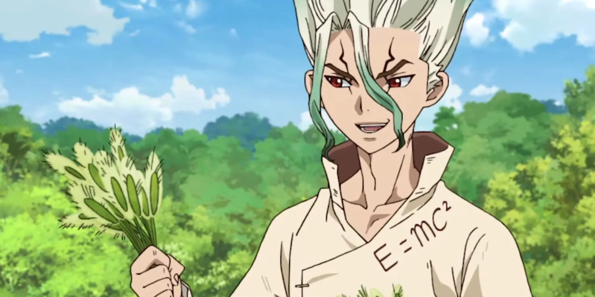 Senku Ishigami giơ cao một nhánh cỏ đuôi cáo trong Dr. Stone