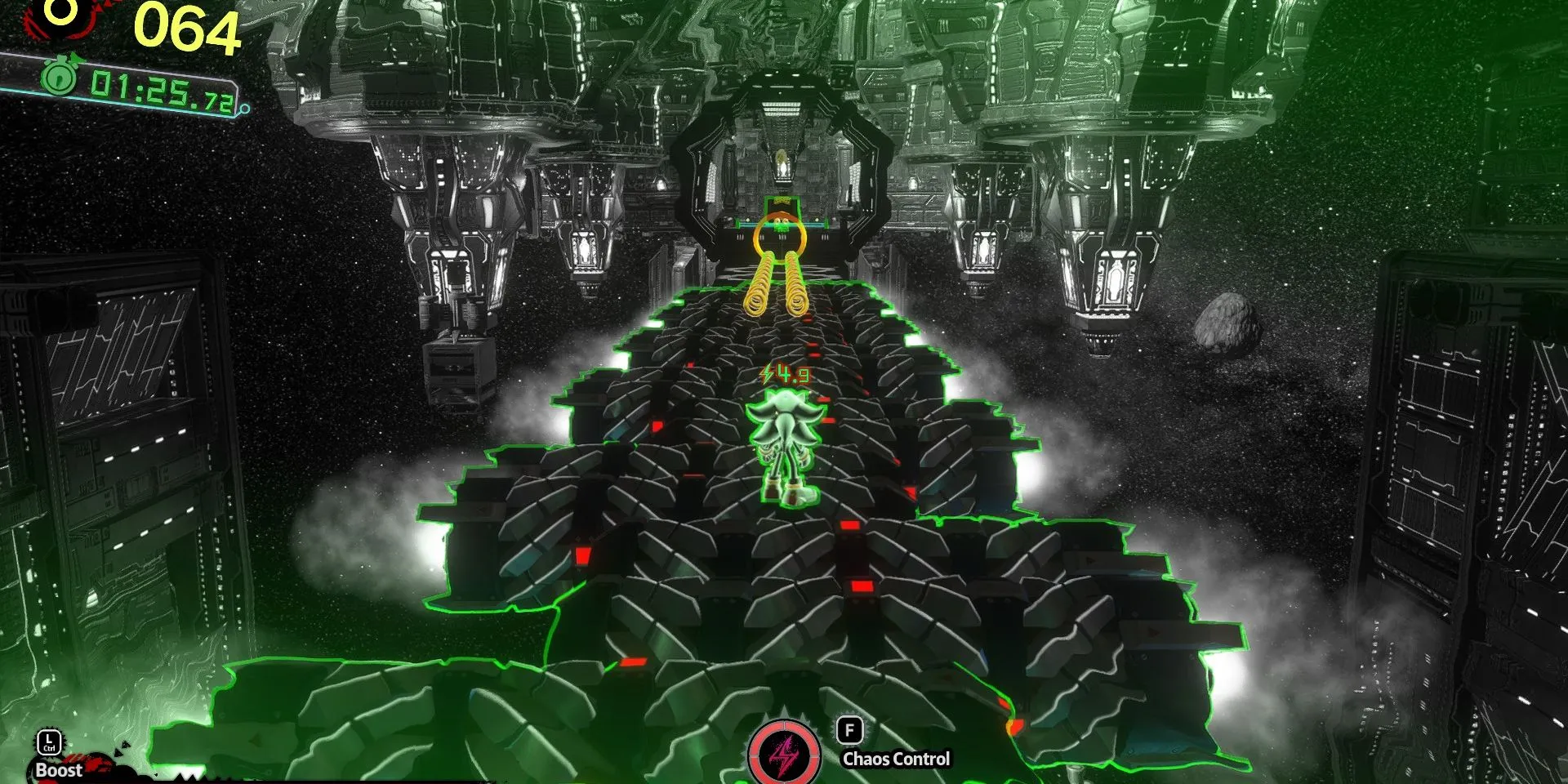 Shadow sử dụng Chaos Control trên Space Colony Ark trong Act 1 của Shadow Generations để lấy chìa khóa