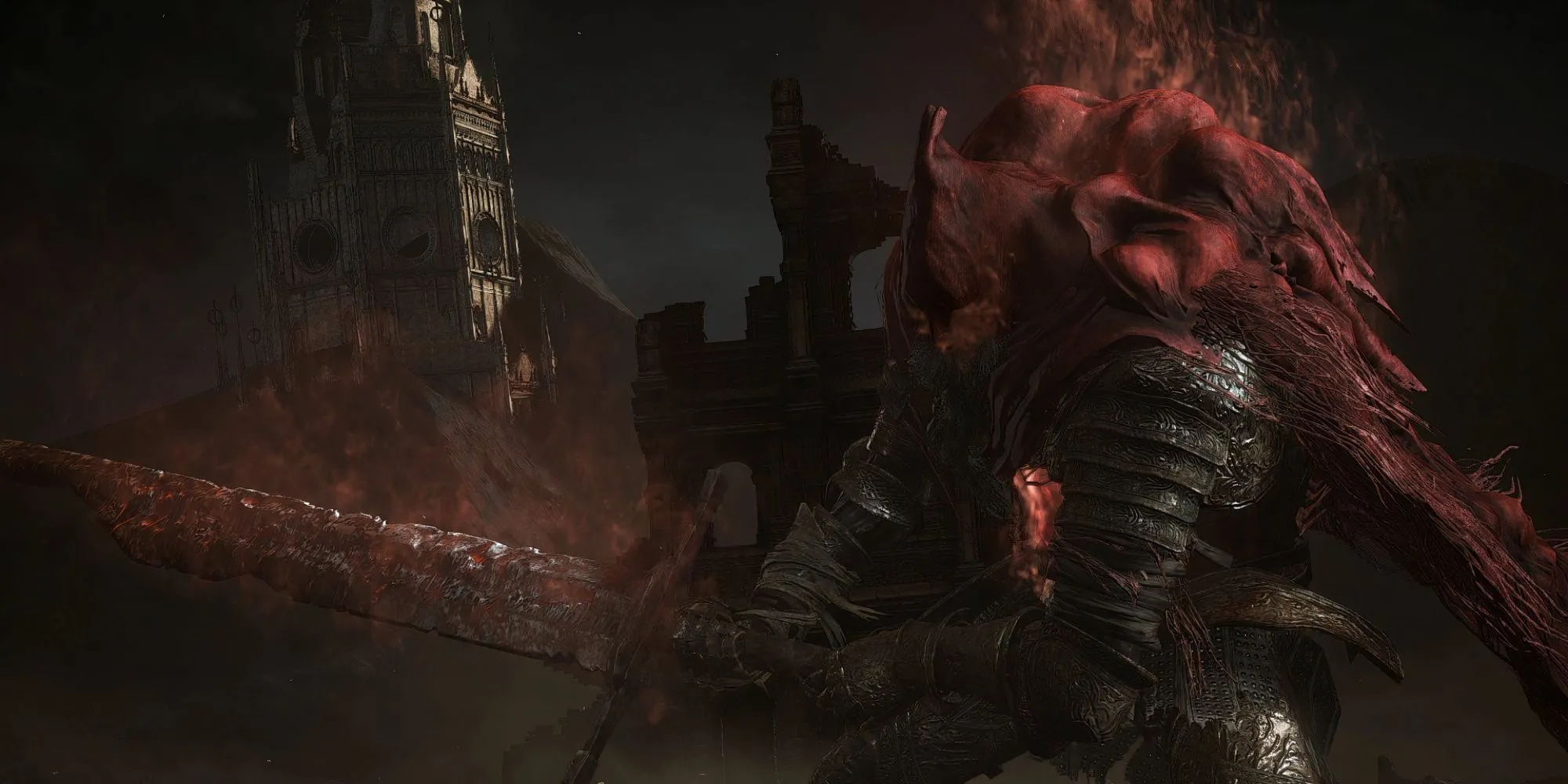 Slave Knight Gael trong bộ giáp rách rưới, đứng trước khung cảnh tăm tối trong Dark Souls 3