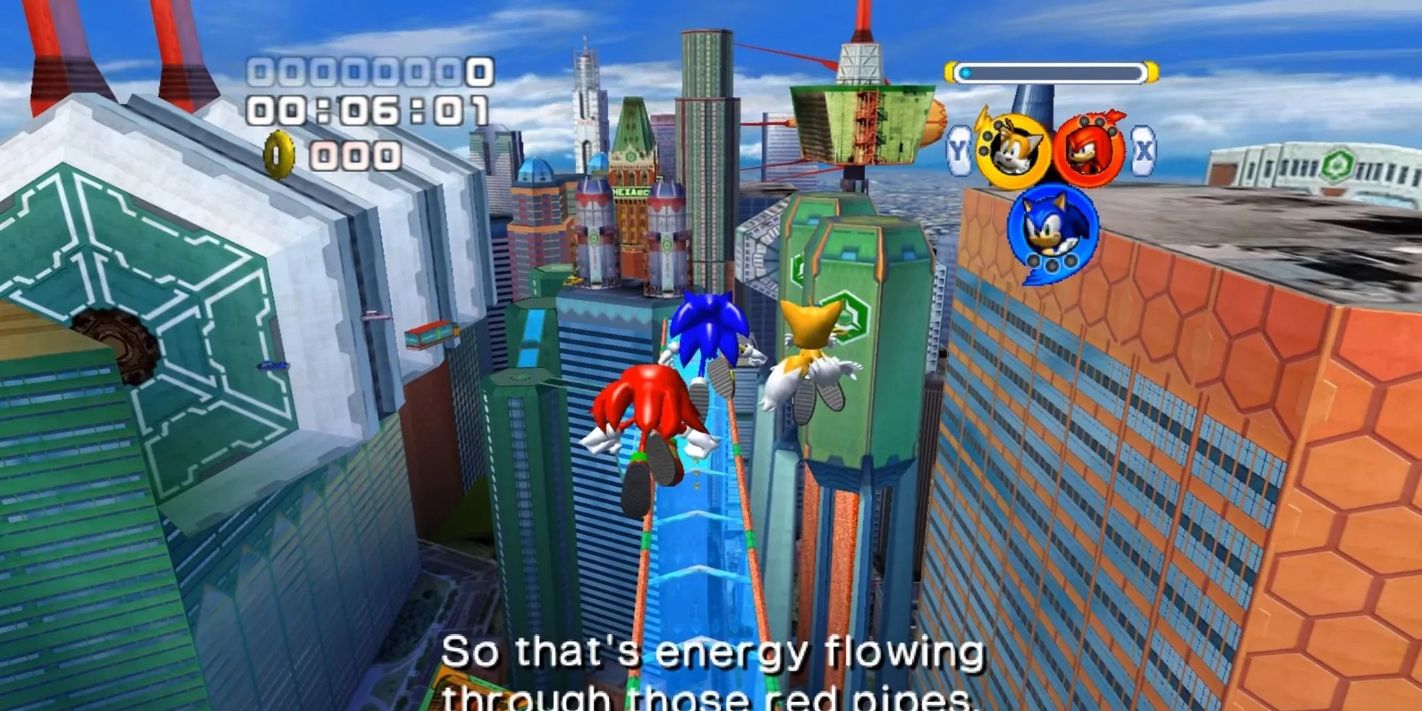 Sonic, Tails, và Knuckles trong vai Team Sonic ở Grand Metropolis trong Sonic Heroes