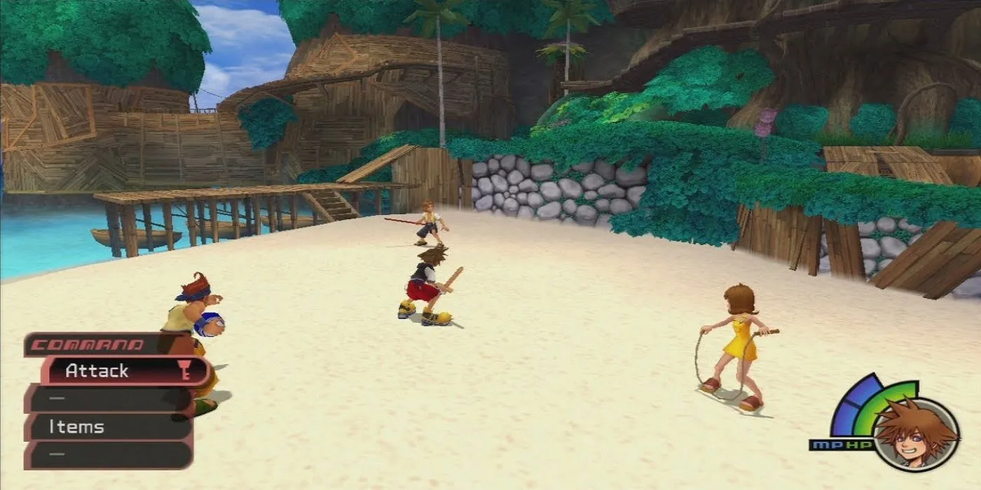 Sora chiến đấu với Tidus, Wakka và Selphie tại Destiny Islands trong Kingdom Hearts