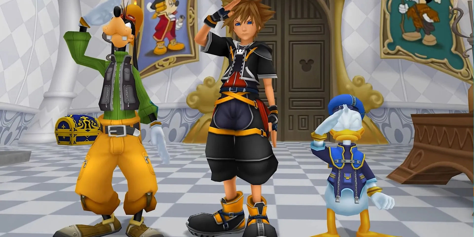 Sora, Goofy và Donald Duck đang chào tại Lâu đài Disney trong Kingdom Hearts 2