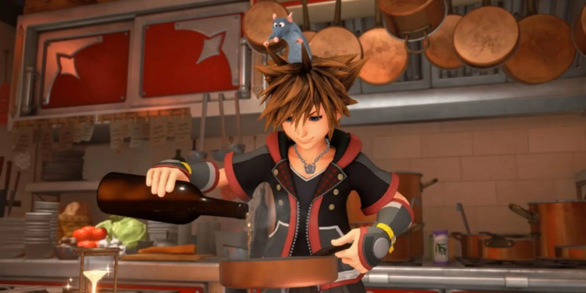 Sora và Remy cùng nhau nấu ăn trong nhà bếp Le Grand Bistrot của Kingdom Hearts 3