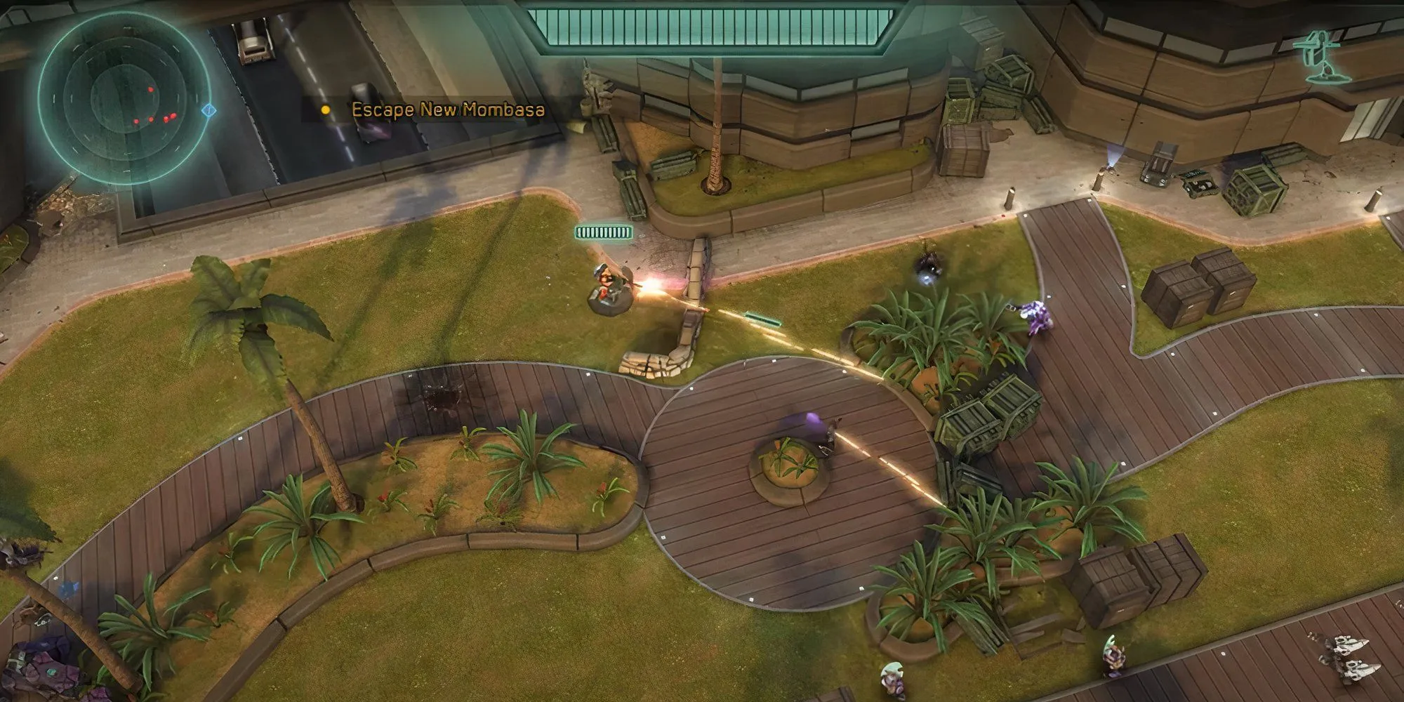 Spartan bắn từ trụ súng máy vào kẻ thù Covenant trong nhiệm vụ A-6 Last Exit của Halo Spartan Strike