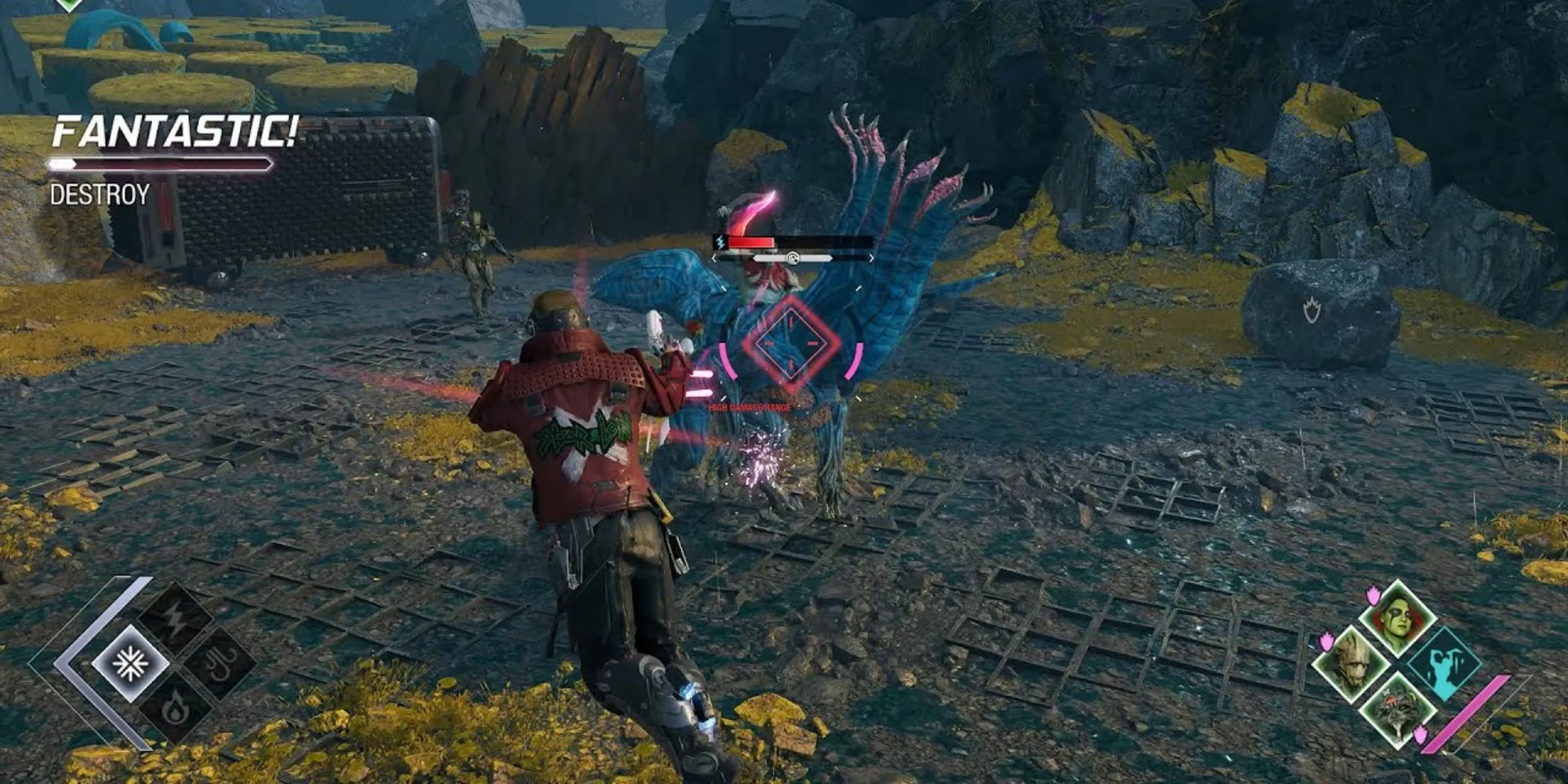Starlord từ game Marvel's Guardians of the Galaxy, đang chiến đấu cùng đồng đội