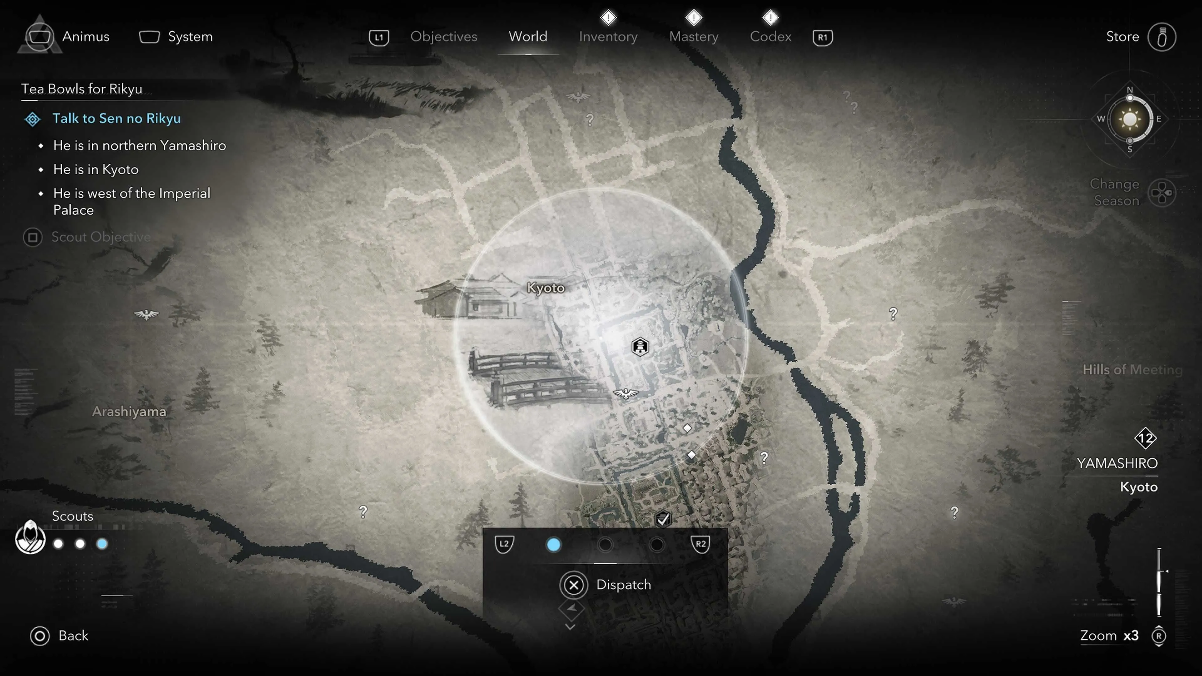 Sử dụng trinh sát (Scout) để do thám một khu vực trên bản đồ thế giới mở của Assassin's Creed Shadows
