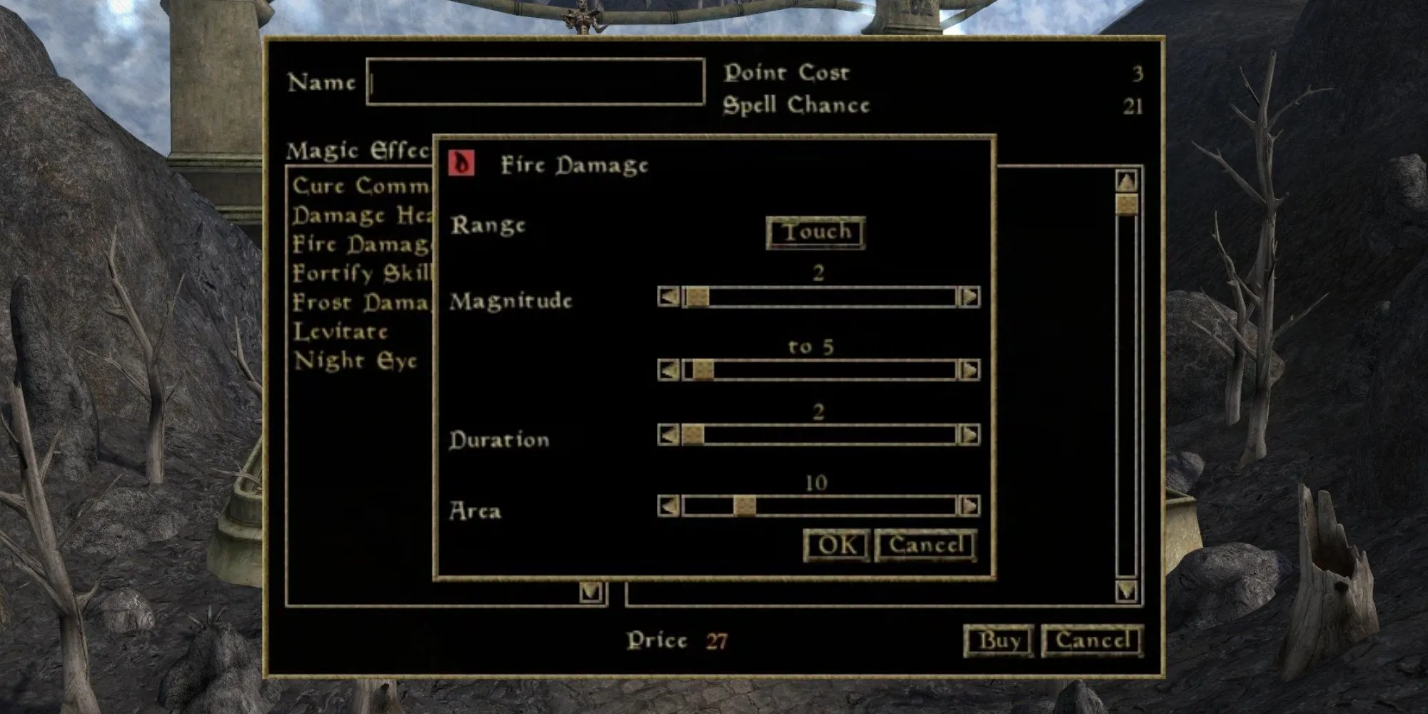 Tạo một phép thuật mới trong giao diện chế tạo phép của The Elder Scrolls III: Morrowind