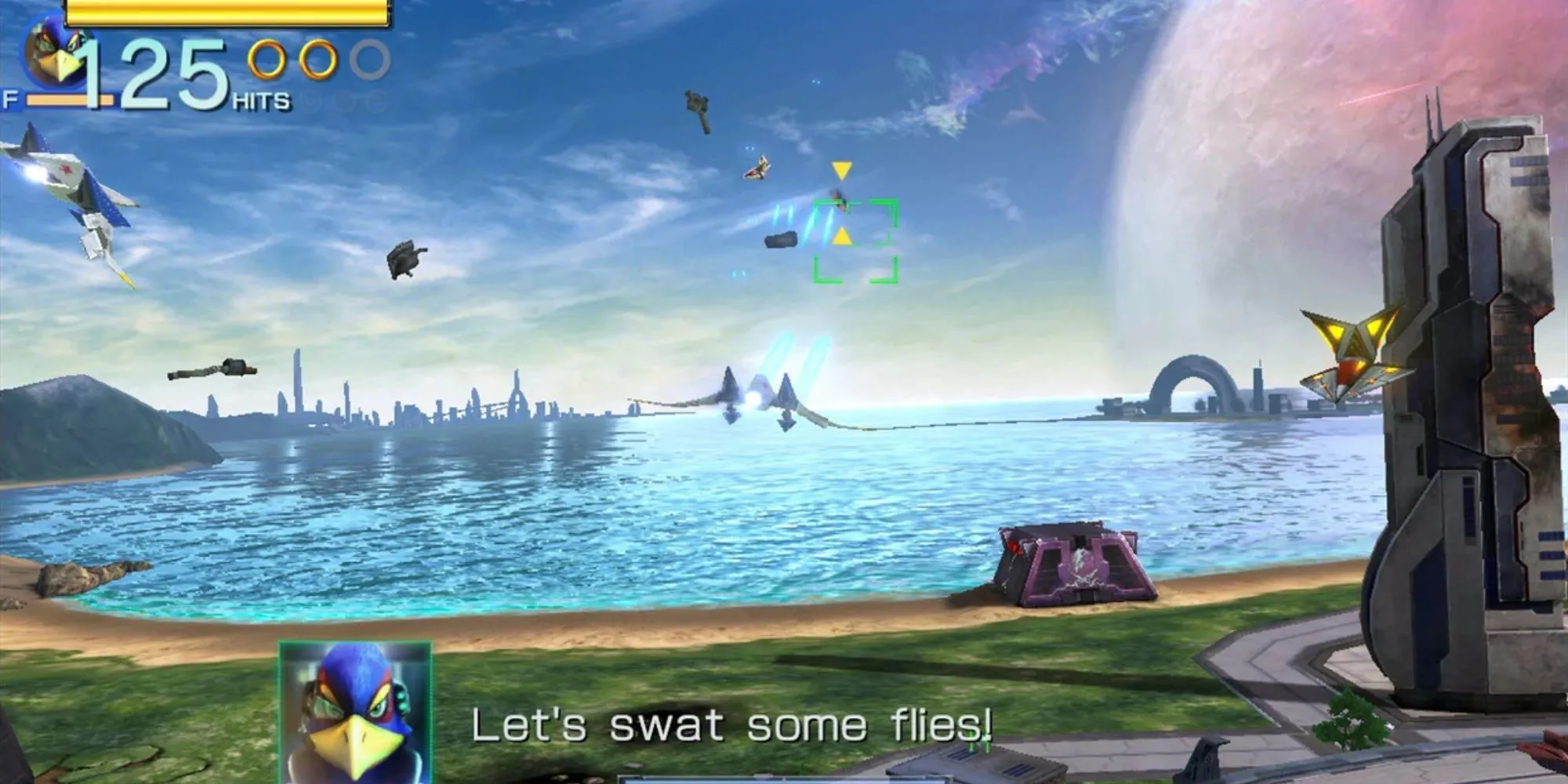 Tàu Arwing bay qua những mảnh vỡ trong Star Fox Zero