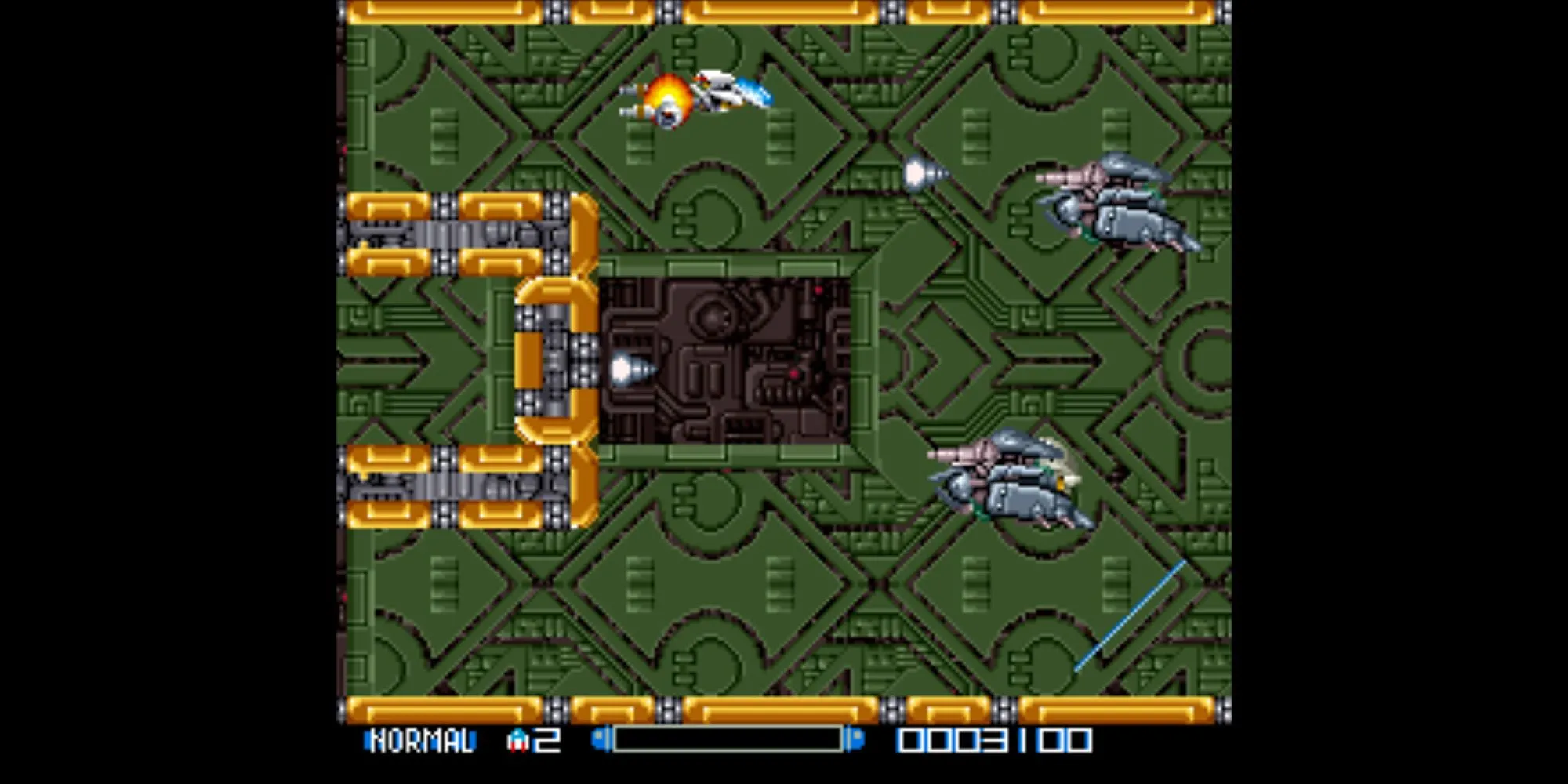 Tàu không gian người chơi né tránh đạn trong màn chơi side-scrolling của Super R-Type trên SNES.