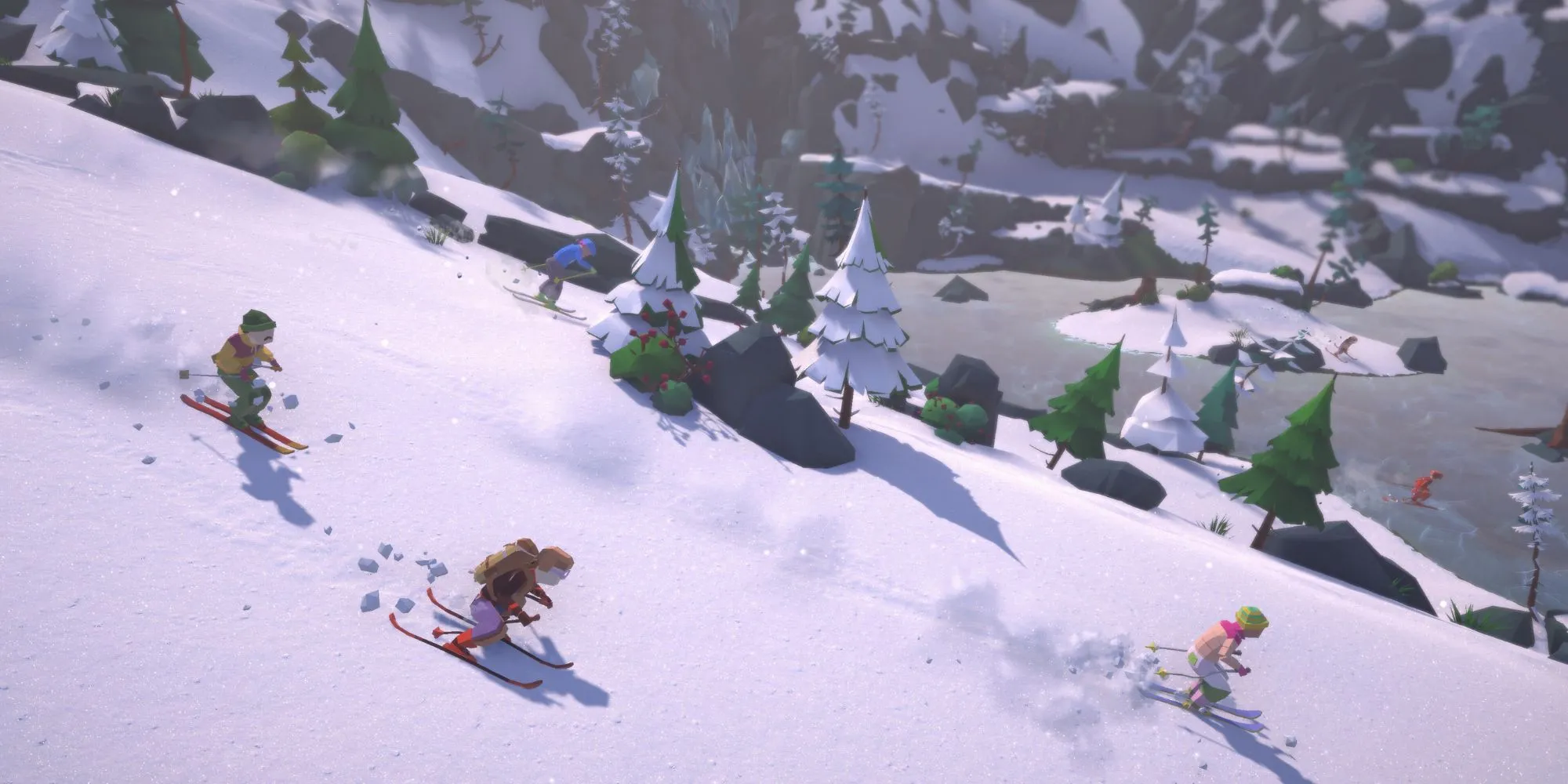 Tay đua trượt tuyết trong game Lonely Mountains: Snow Riders trên cung đường tuyết phủ trắng xóa