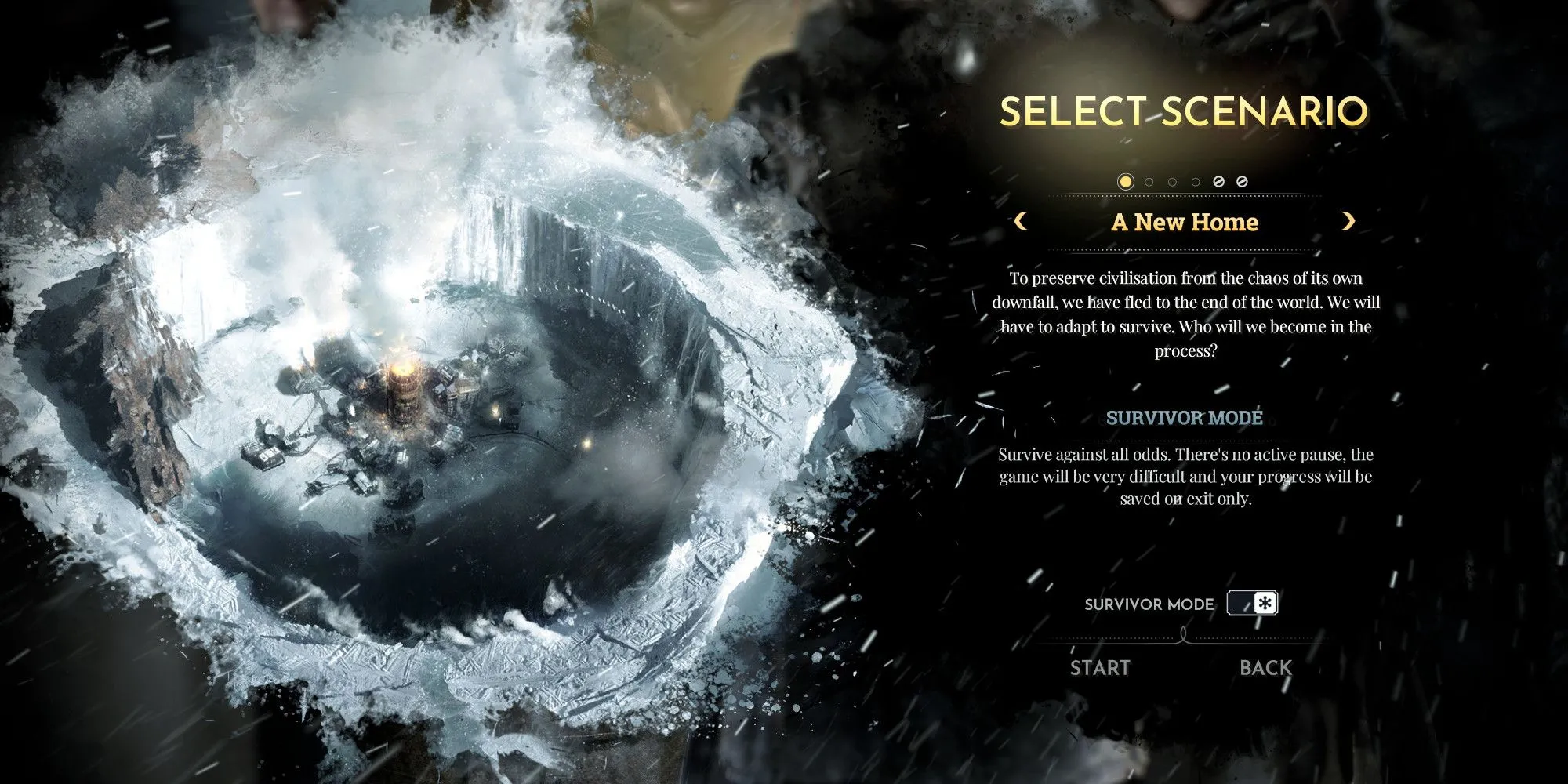 Thành phố sống sót quanh lò sưởi trung tâm trong Frostpunk, bối cảnh của game xây dựng thành phố sinh tồn hậu tận thế