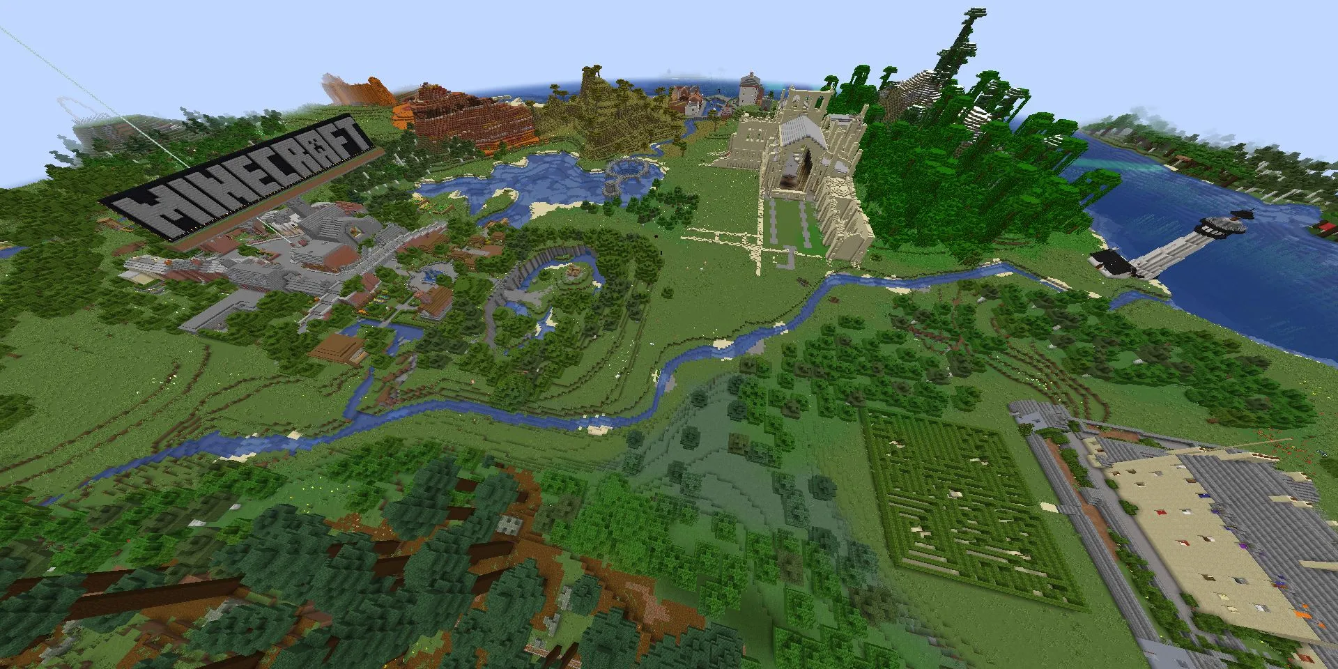 Toàn cảnh Bản Đồ Hướng Dẫn của Minecraft Legacy Console Edition với các công trình và logo Minecraft