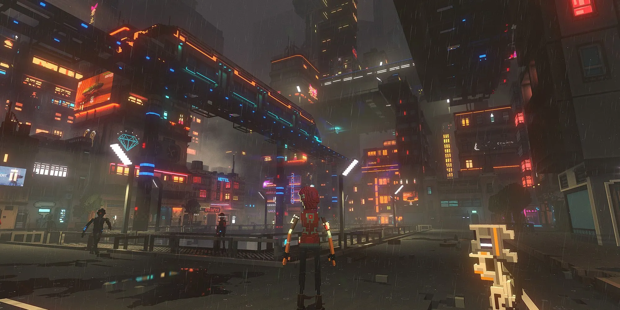 Toàn cảnh thành phố Nivalis về đêm trong game Cloudpunk, một bản sao GTA thế giới mở cyberpunk