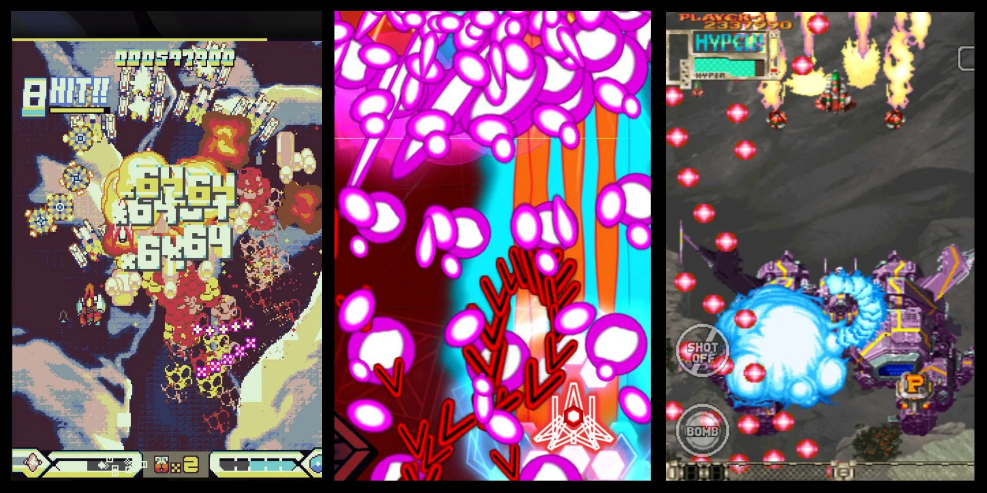Tổng hợp ảnh chụp màn hình gameplay của Blue Revolver, Bullet Hell Monday, Dodonpachi: Resurrection