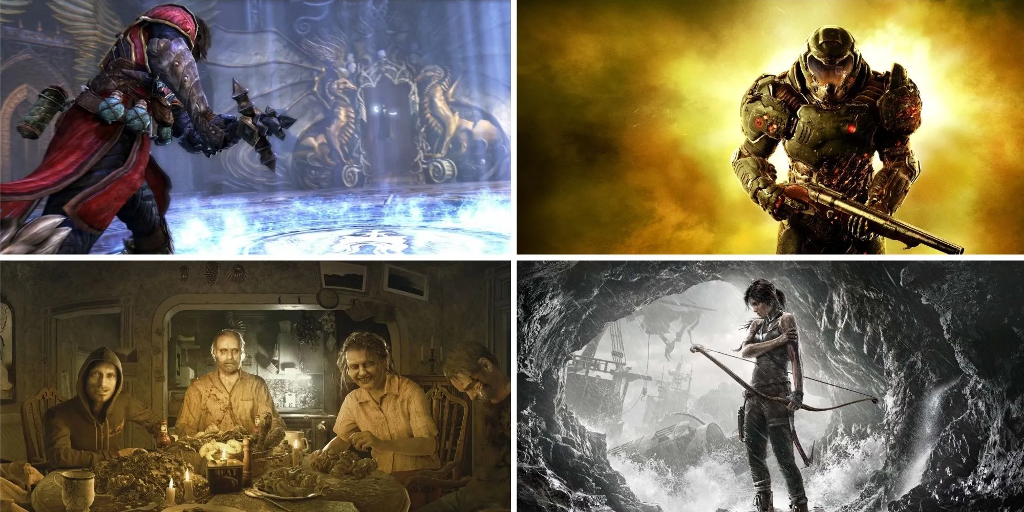 Tổng hợp các game reboot thành công: Castlevania: Lords of Shadow, DOOM (2016), Resident Evil 7: Biohazard, và Tomb Raider (2013)