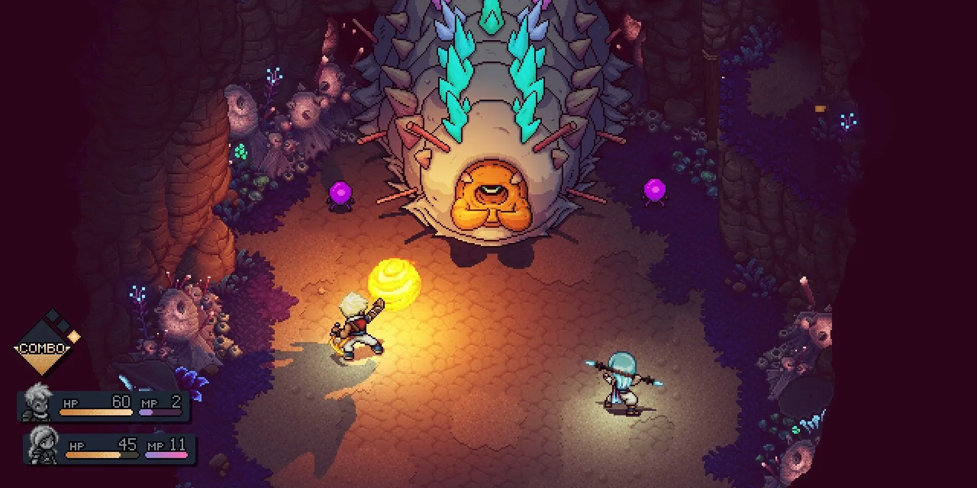 Trận đánh boss giun khổng lồ trong game JRPG retro Sea of Stars
