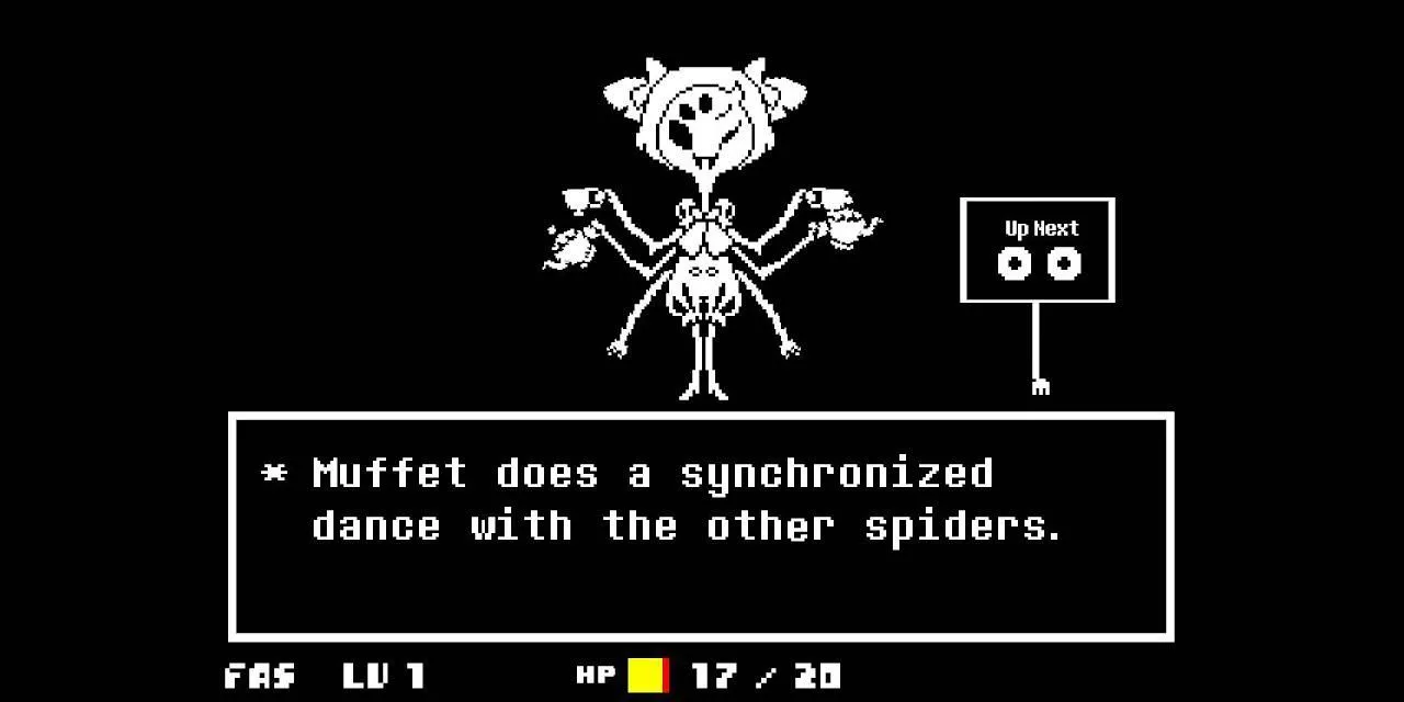 Trận đấu boss Muffet với phong cách độc đáo trong Undertale, nhân vật chính né tránh các đòn tấn công hình mạng nhện