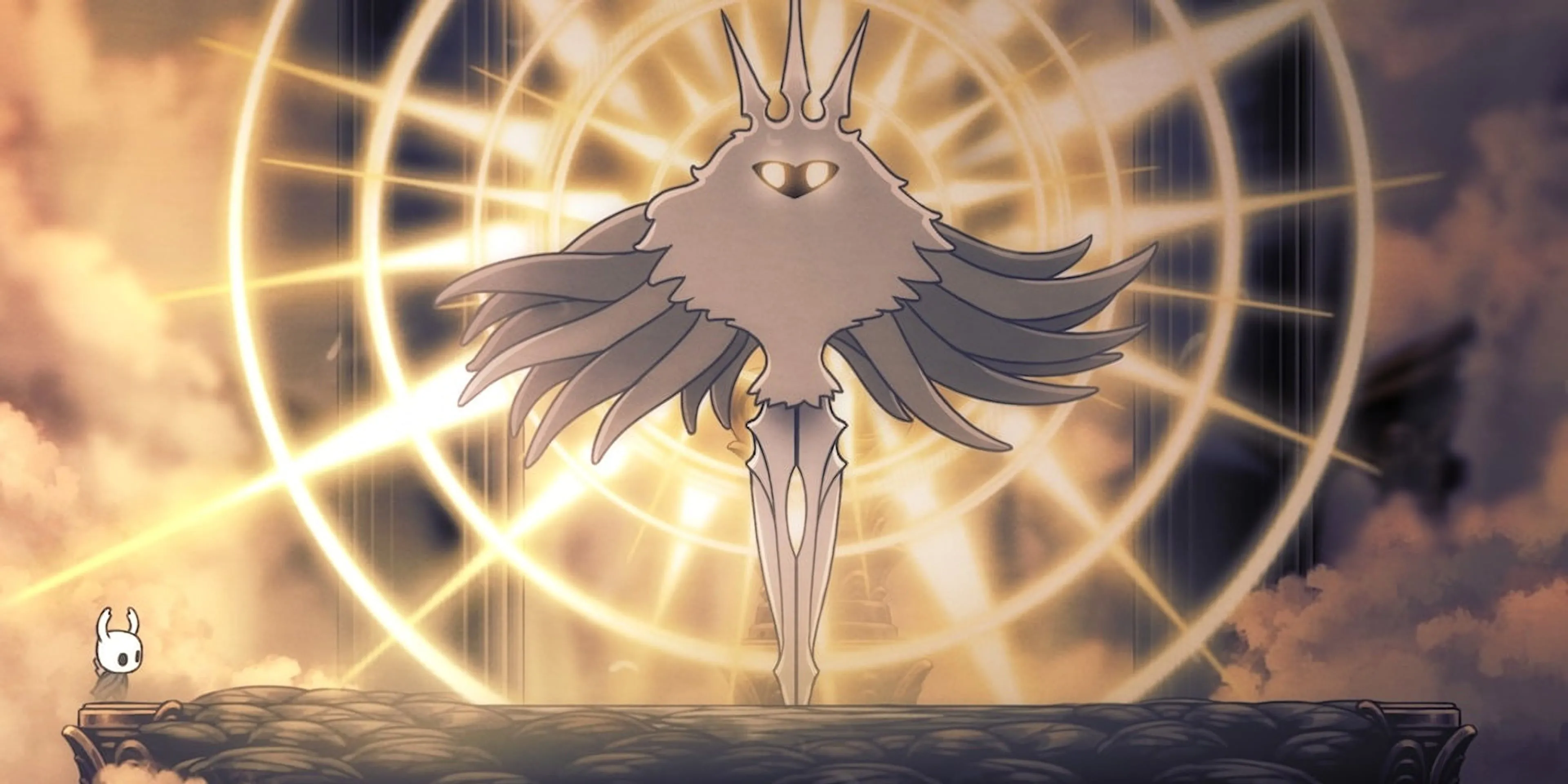 Trận đấu trùm Absolute Radiance cực khó trong Hollow Knight với vô số tia sáng tấn công