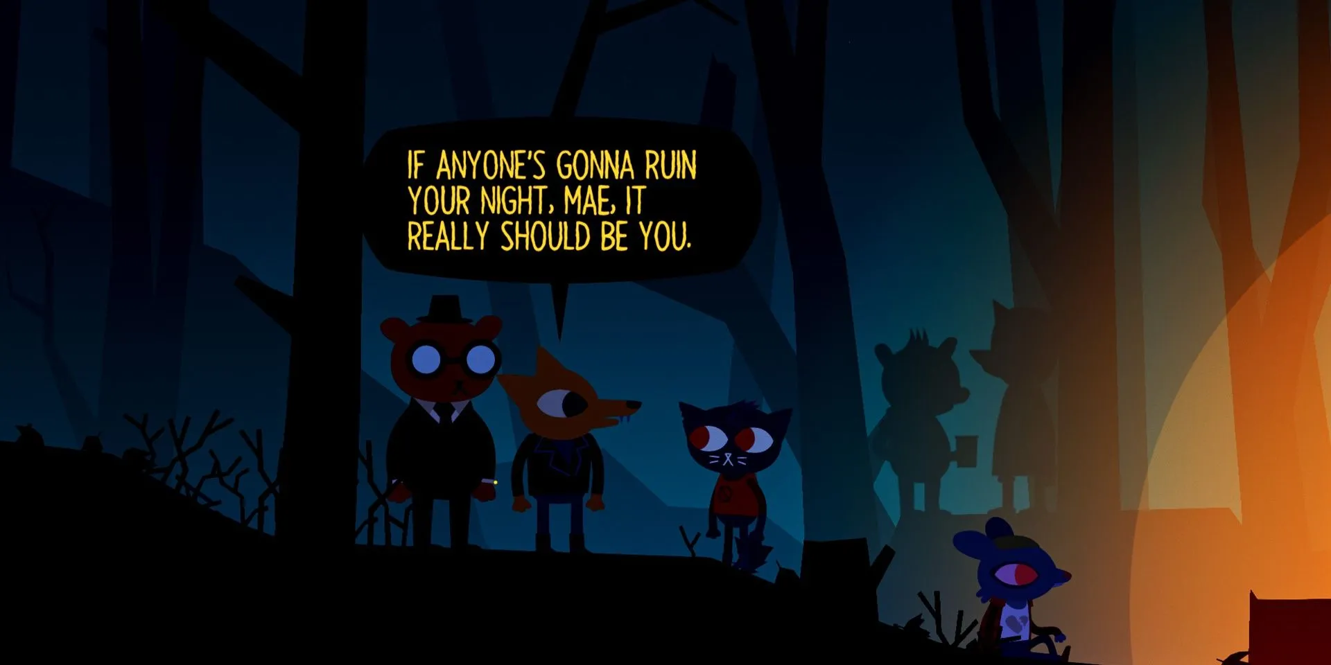 Trò chuyện cùng Gregg bên đống lửa trại trong Night in the Woods, thể hiện chủ đề tình bạn và cuộc sống thị trấn nhỏ.