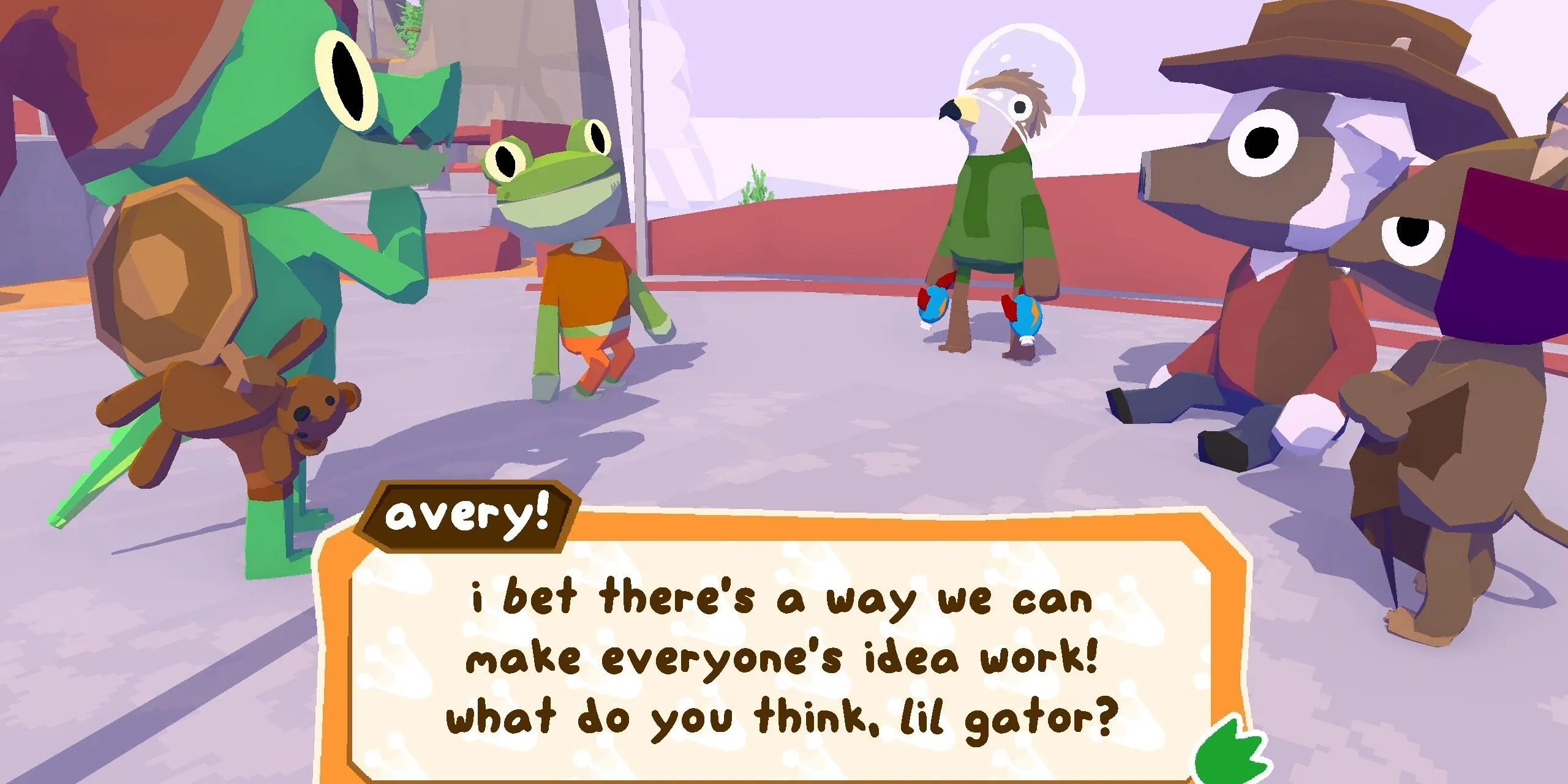 Trò chuyện với Avery và bạn bè trên hòn đảo trong game Lil Gator Game, thể hiện chủ đề tình cảm gia đình.