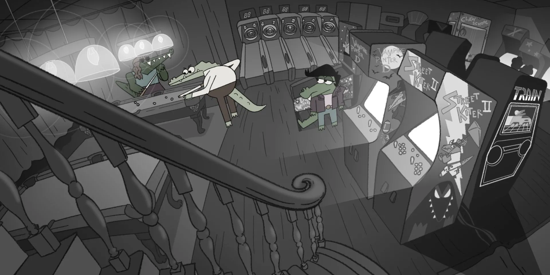 Trong khu vui chơi arcade ở Later Alligator, thể hiện không khí hài hước và dàn nhân vật độc đáo.