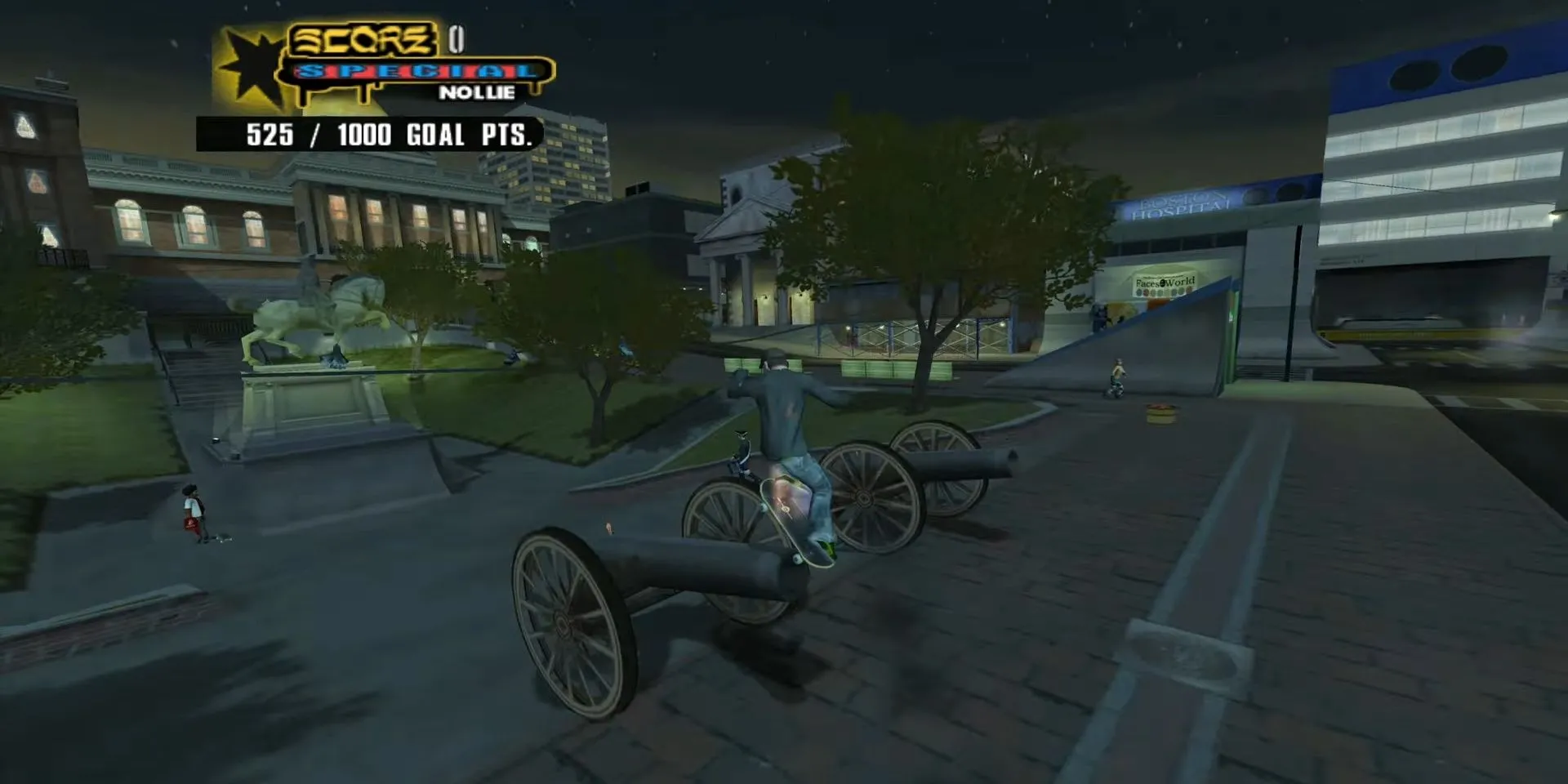 Vận động viên trượt ván mài trên nòng pháo với ván trượt bốc cháy trong Tony Hawk's Underground 2