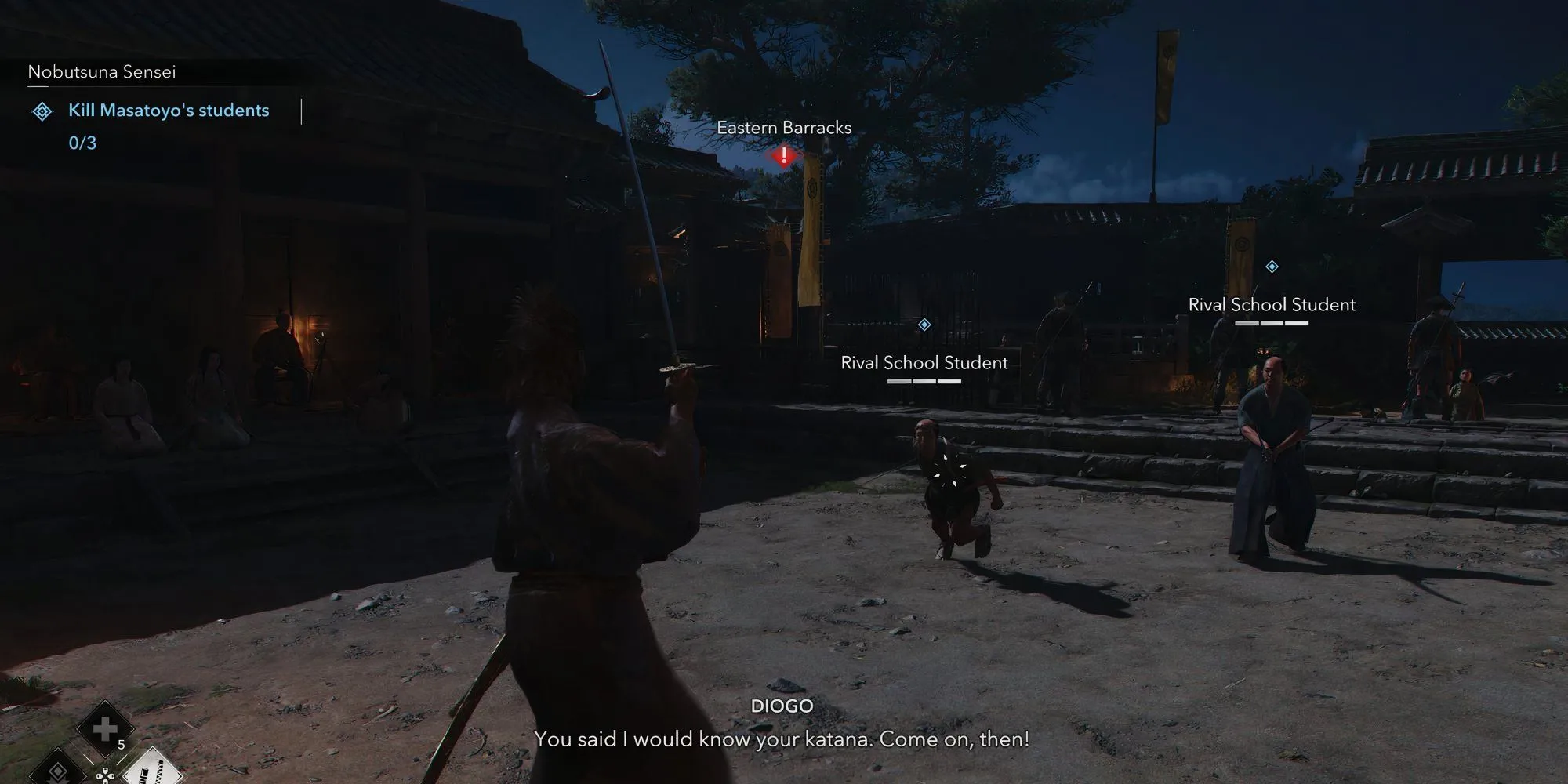 Yasuke chiến đấu với một đệ tử trong quá trình huấn luyện tại Assassin's Creed Shadows