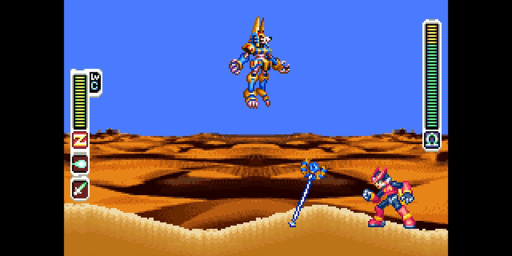 Zero chiến đấu với một con trùm robot khổng lồ trong Mega Man Zero