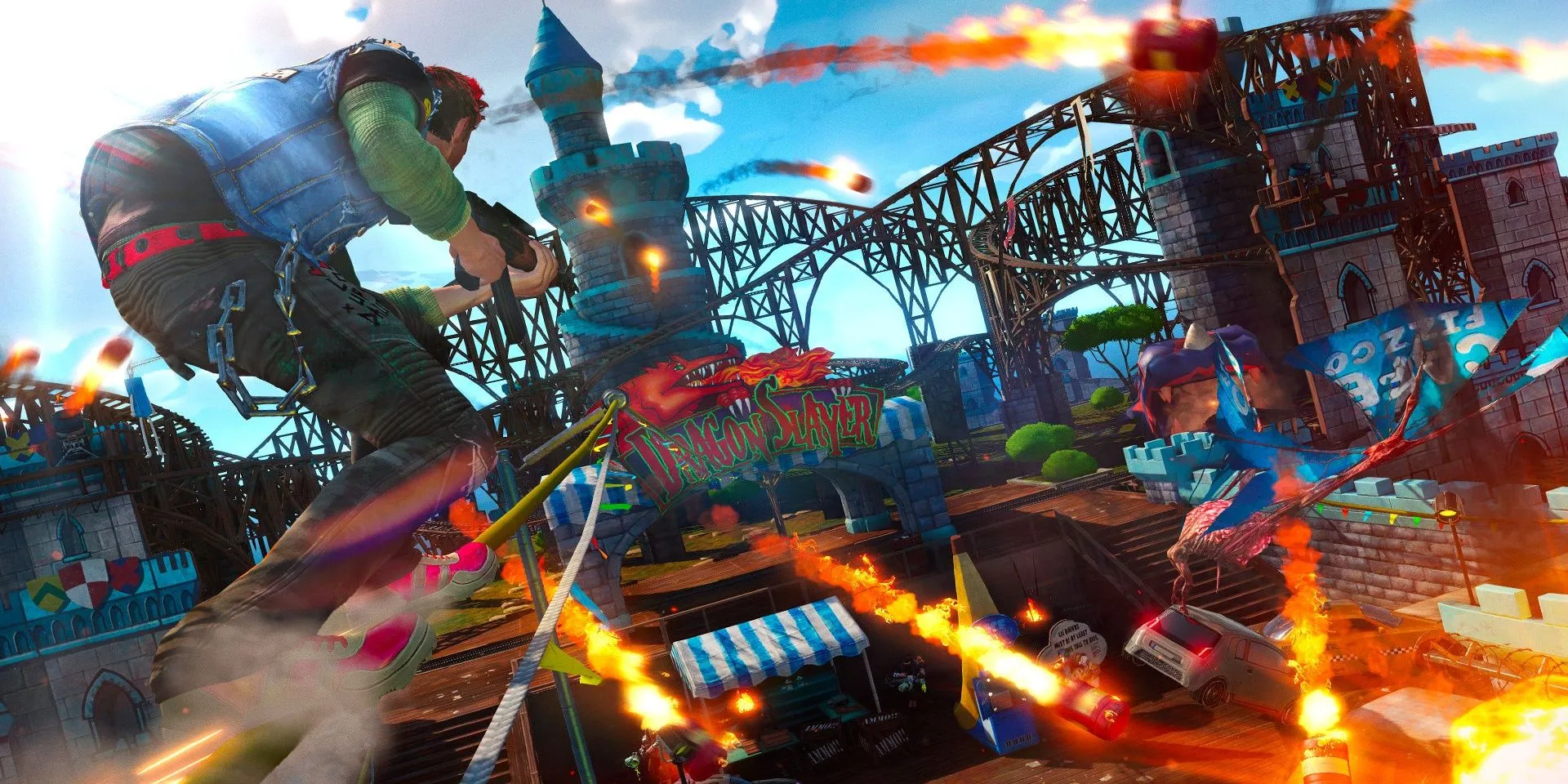 Cảnh nhân vật trượt trên lan can trong Sunset Overdrive, thể hiện cơ chế di chuyển linh hoạt