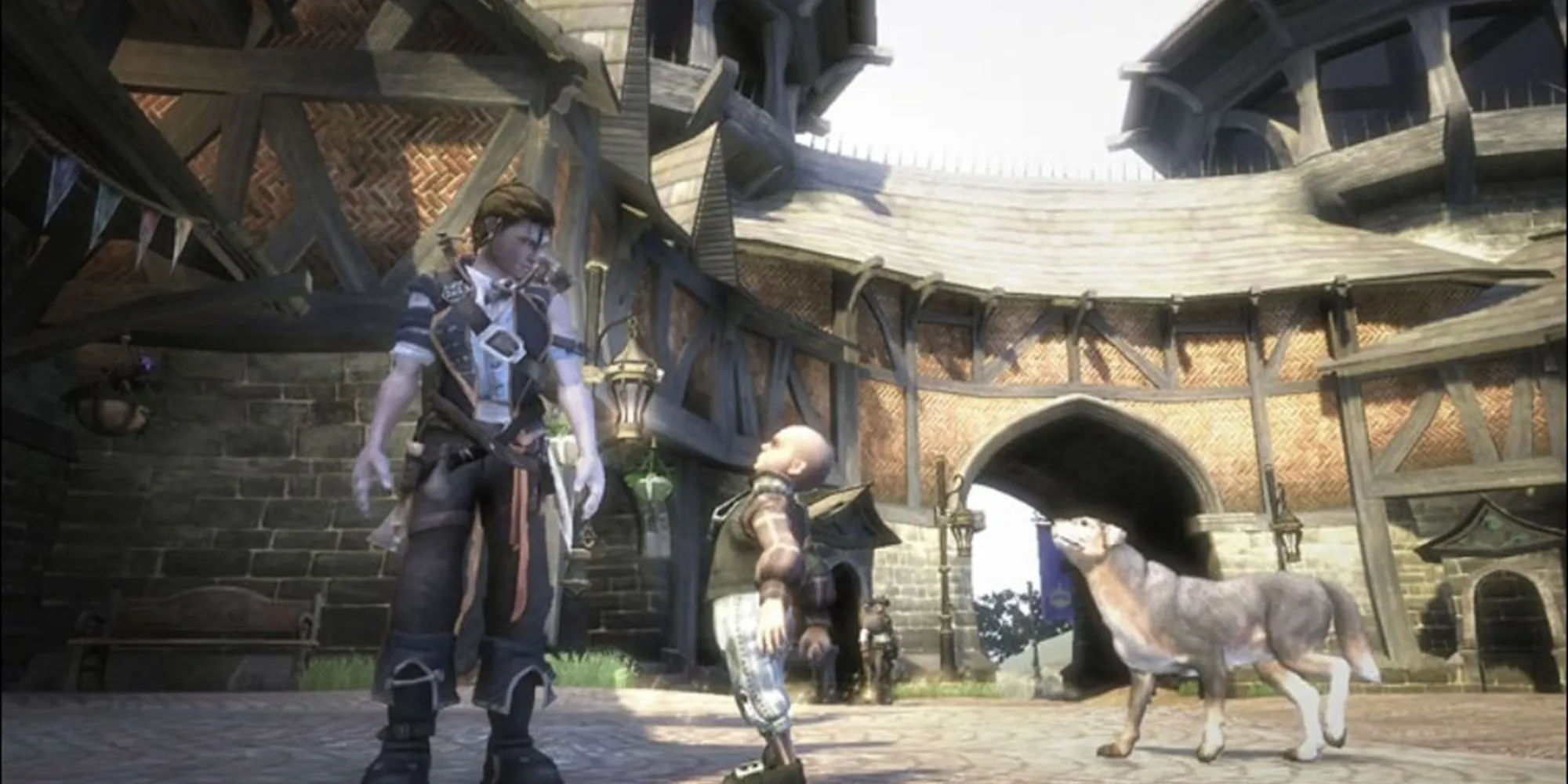 Cảnh trong game Fable 2 với nhân vật chính và chú chó đồng hành