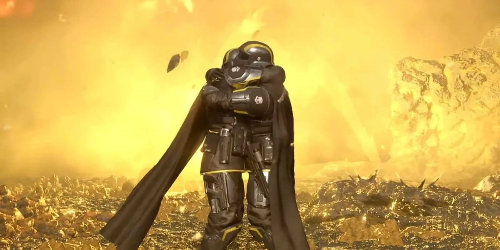 Game thủ Helldivers 2 sử dụng biểu cảm ôm nhau trong game.
