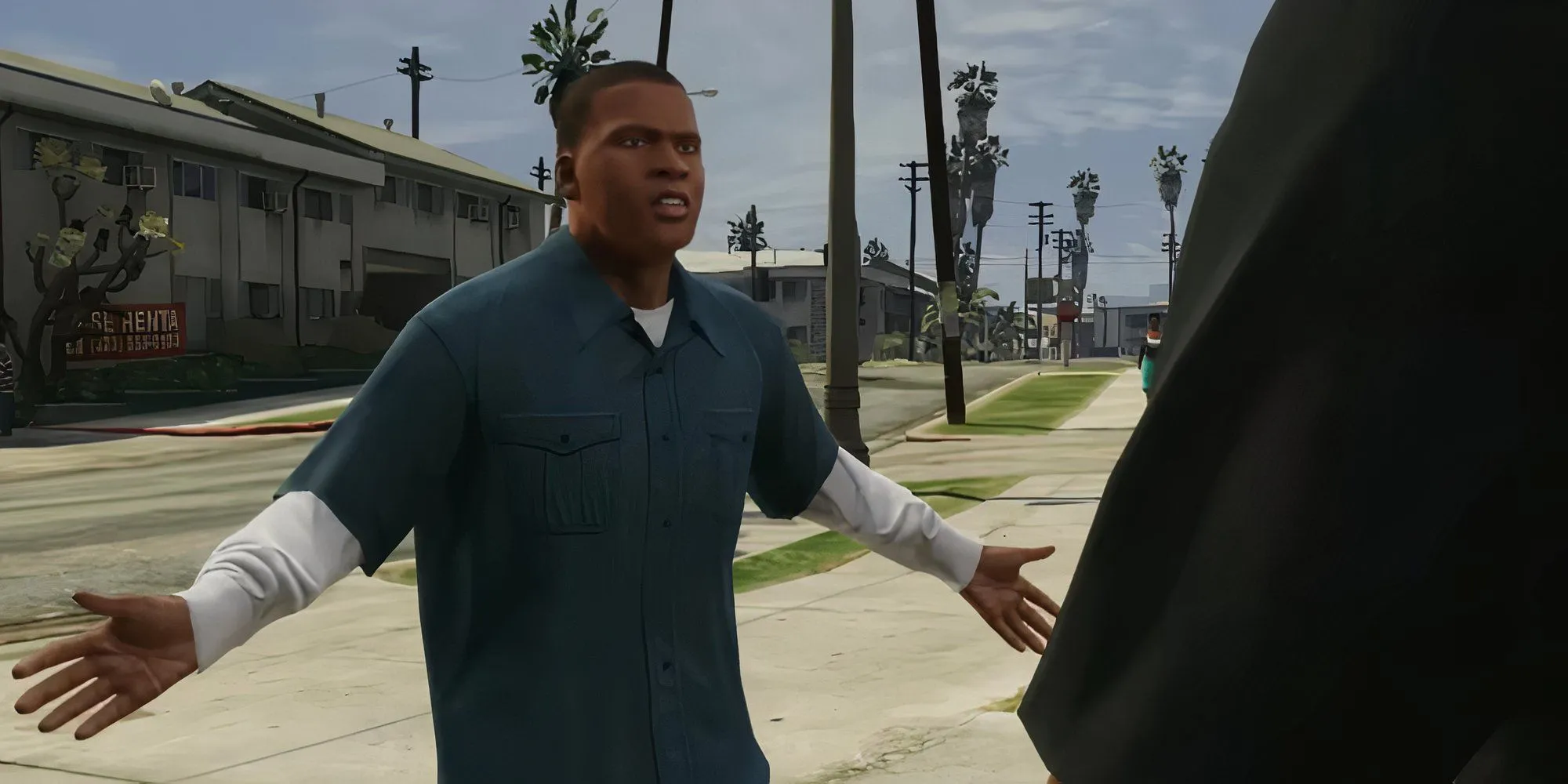 Hình ảnh Franklin Clifton, một trong ba nhân vật chính của GTA 5, đang nói chuyện với ai đó trên đường phố