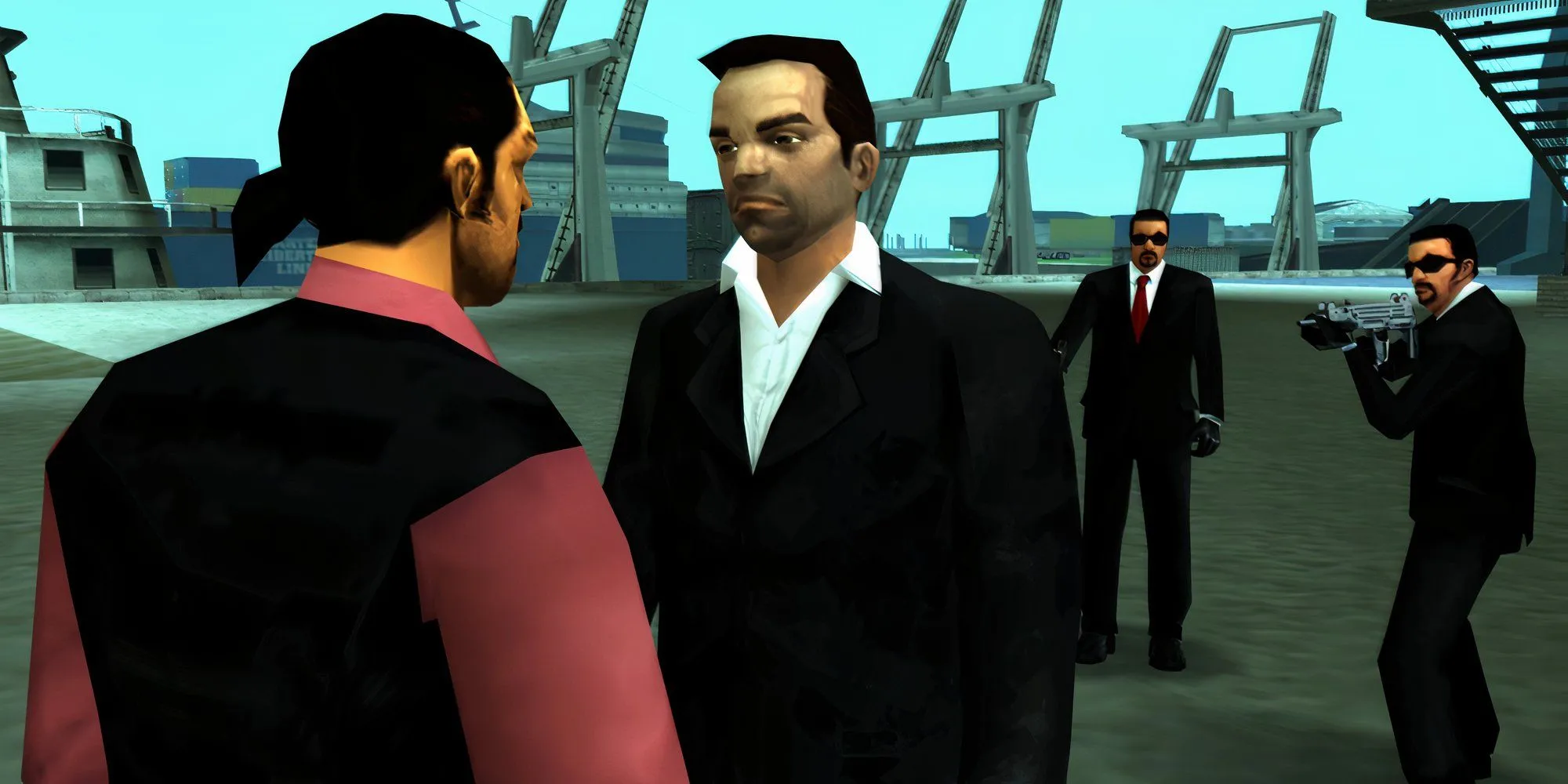 Hình ảnh Toni Cipriani, nhân vật chính của GTA Liberty City Stories, đang nói chuyện với ai đó và được bao quanh bởi súng