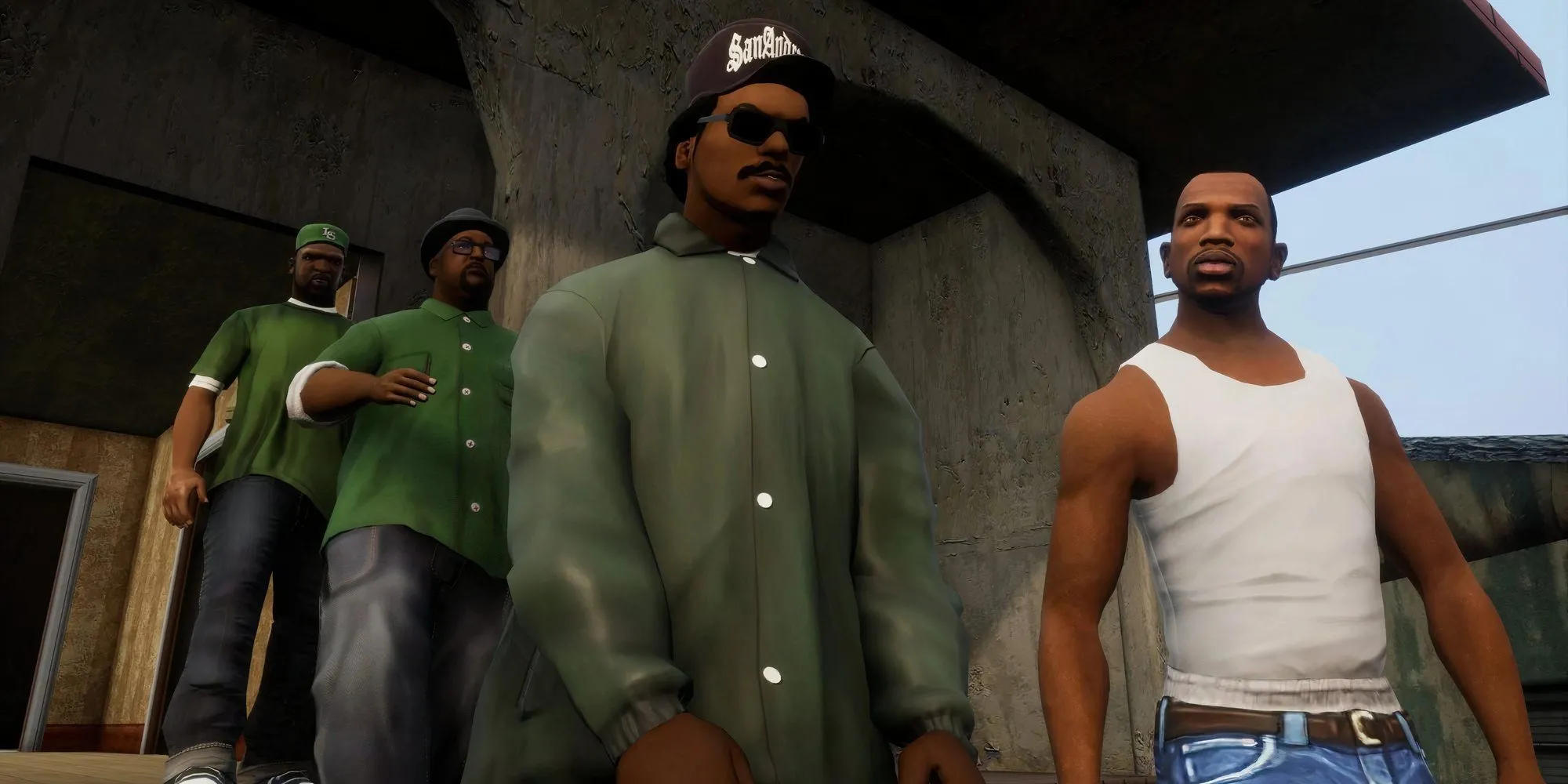 Hình ảnh từ Grand Theft Auto: San Andreas về các nhân vật chính rời khỏi một cấu trúc đá