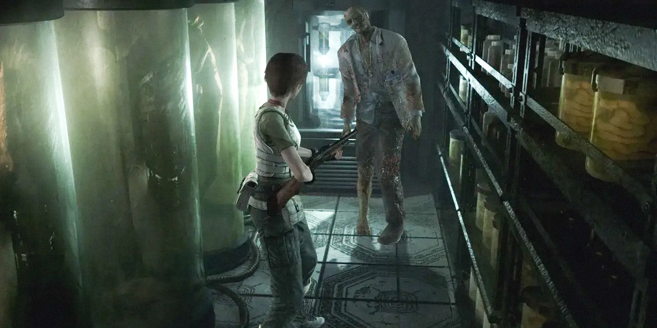 Mô tả Rebecca Chambers trong Resident Evil 0, đang chĩa súng vào zombie trong phòng thí nghiệm.