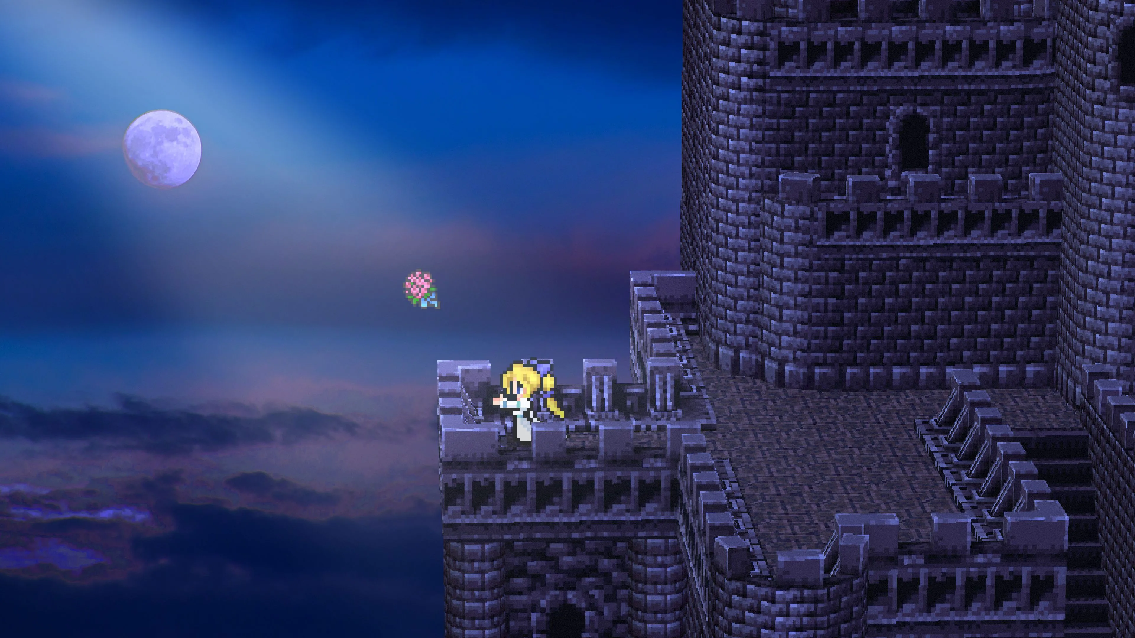 Nhân vật đứng trên ban công dưới ánh trăng trong Final Fantasy VI