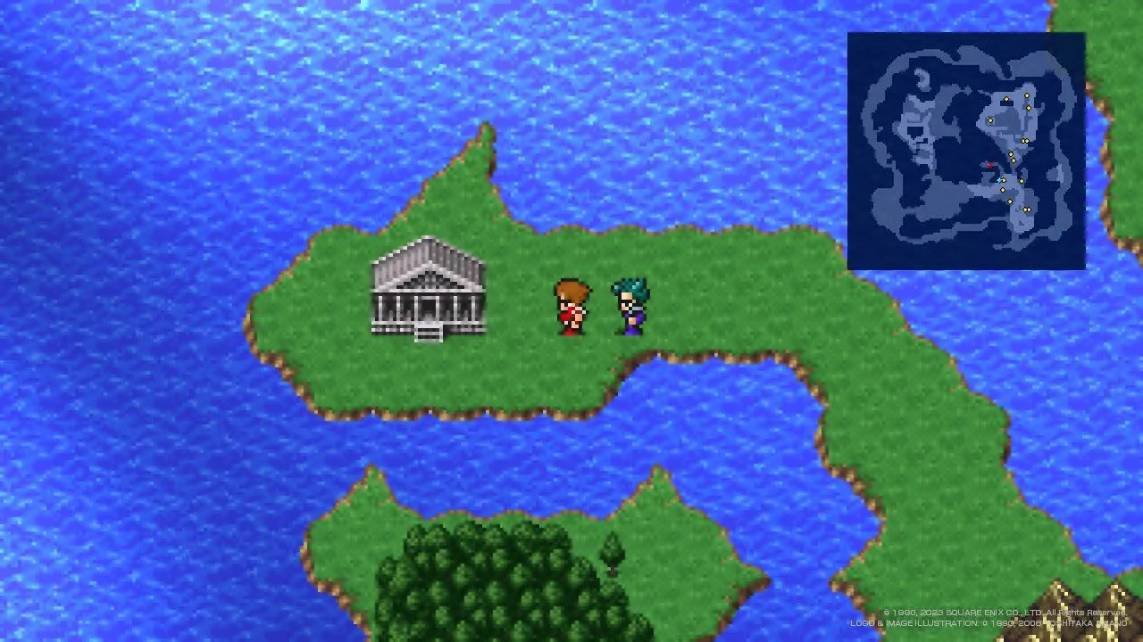 Nhóm nhân vật du hành trên bản đồ thế giới trong Final Fantasy III Pixel Remaster