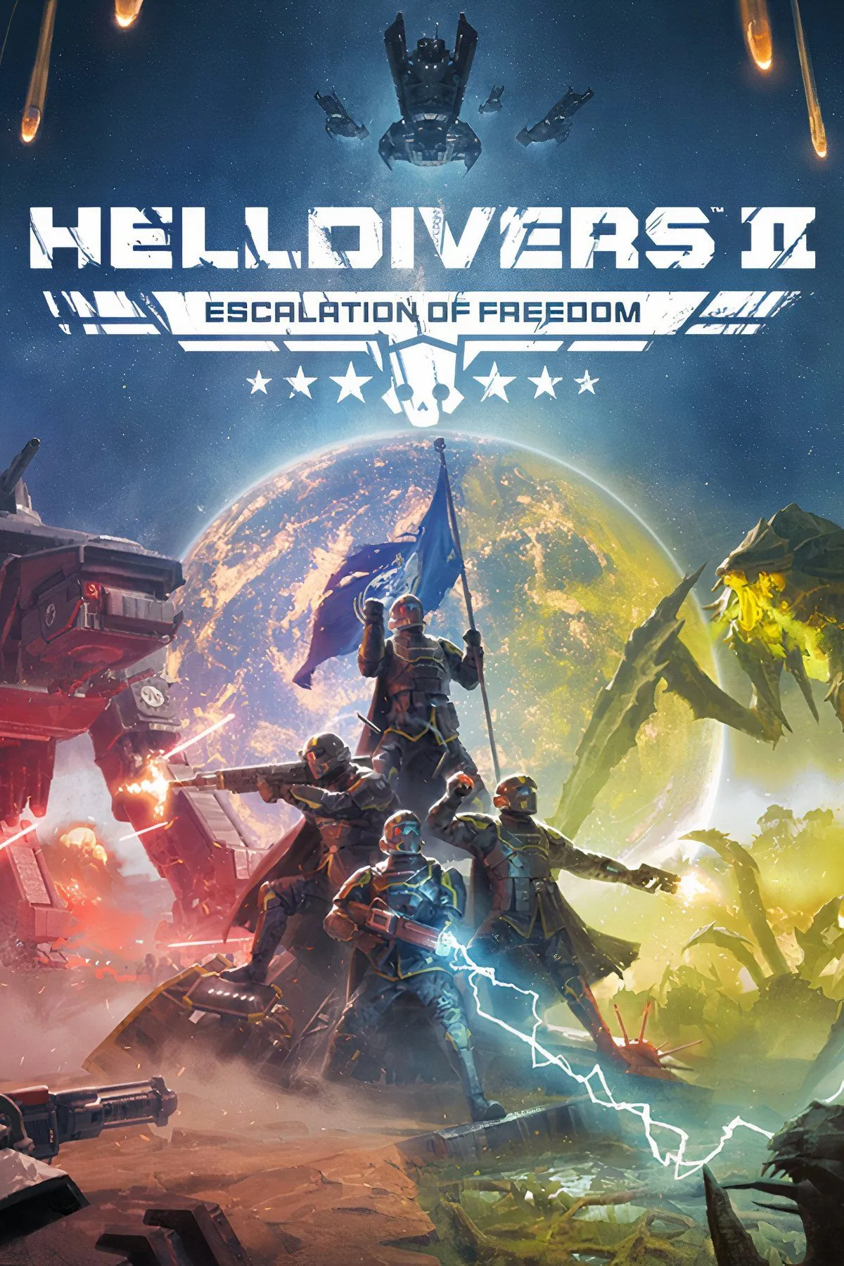 Tổng hợp hình ảnh từ game Helldivers 2, cho thấy các pha hành động và kẻ thù.